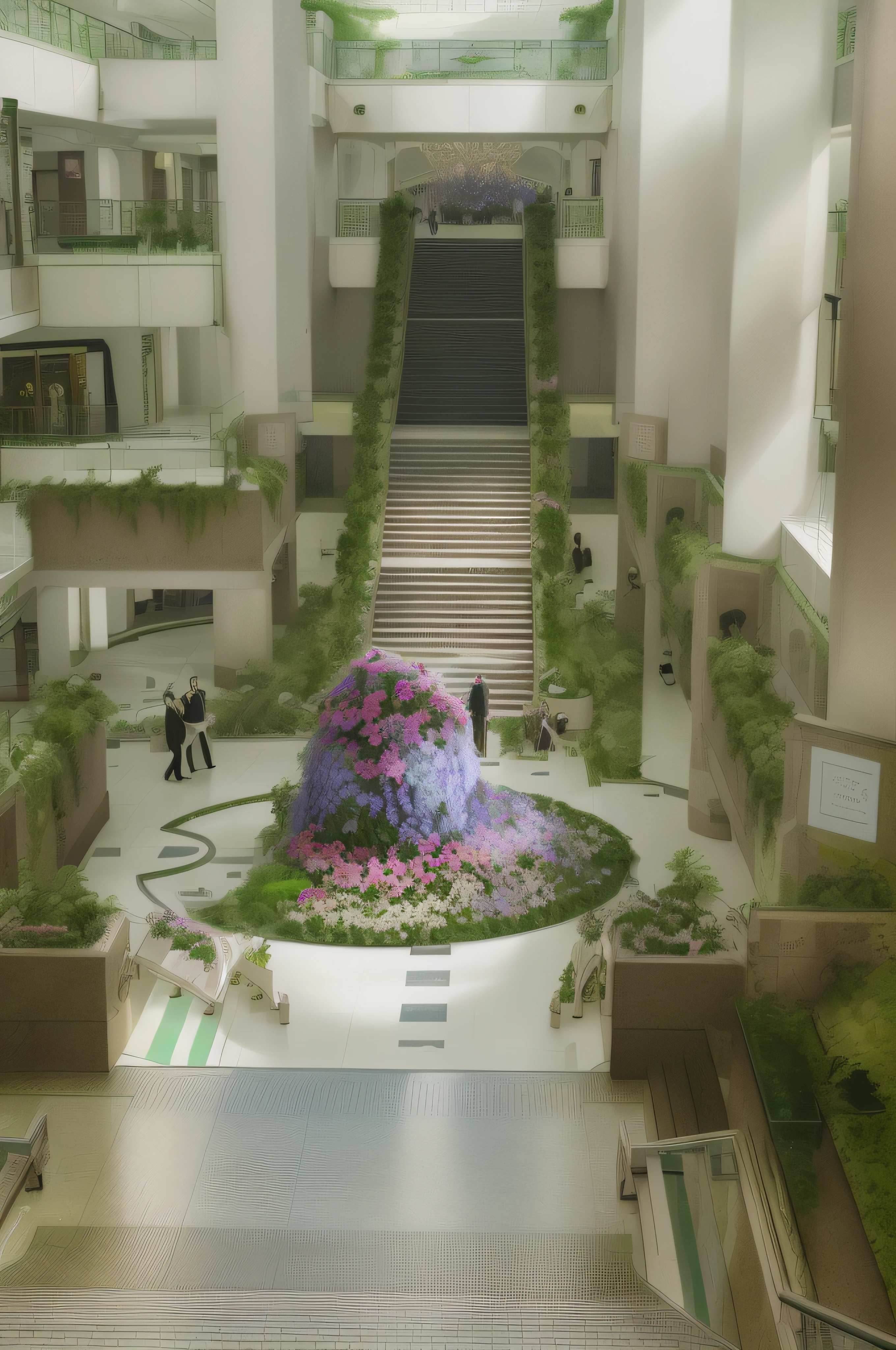There is a large flower garden in the middle of the building, in magnificent shopping mall, courtyard, masterpiece work of art, overgrown mall, floral environment, the grand temple of flowers, Wide grand staircase, Tower of Flowers, A lot of plants and flowers, award-winning masterpiece, mall, top down shot, inside a grand, beautiful setting, flowers and waterfalls