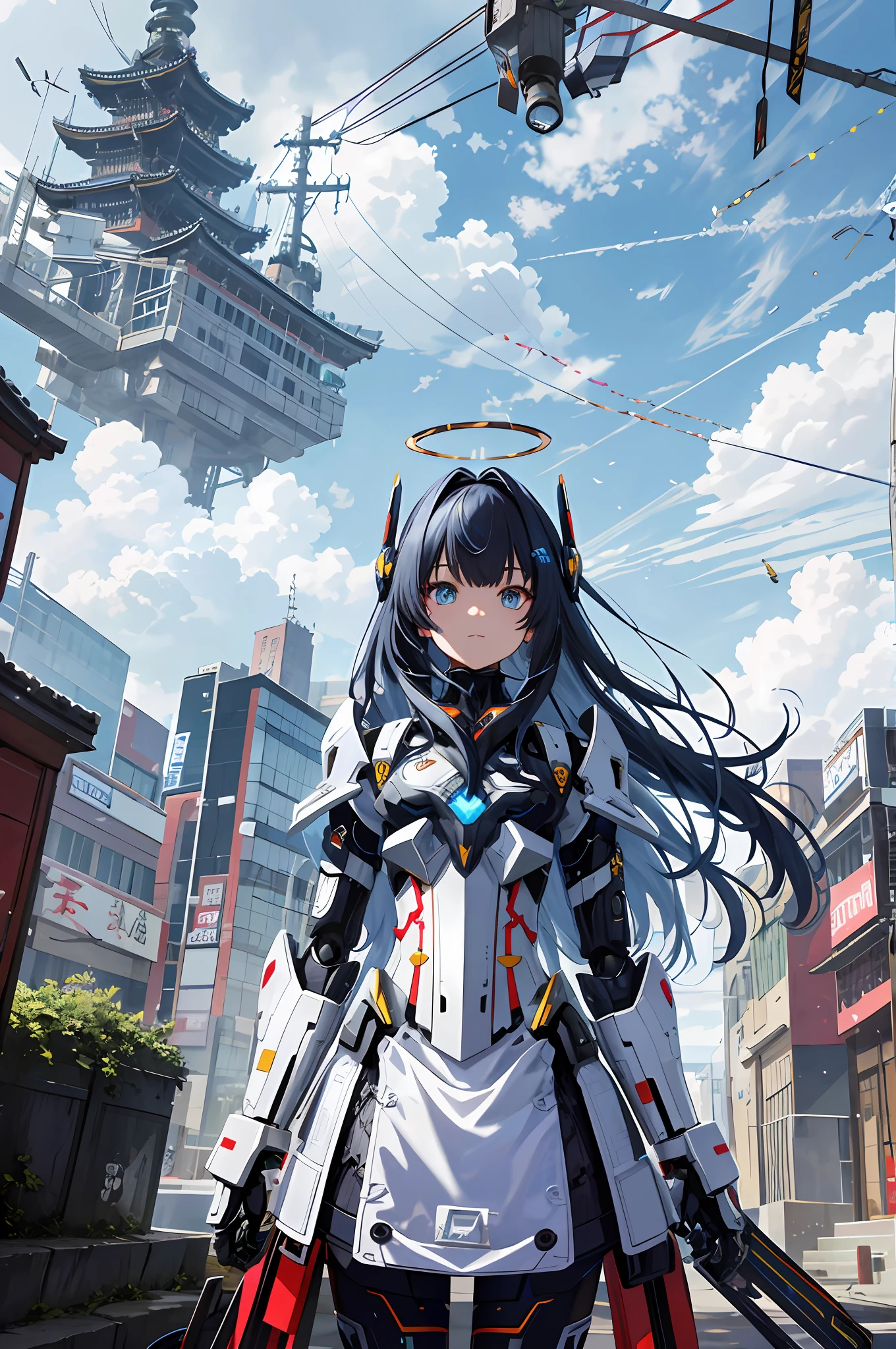 tmasterpiece,best qualtiy,ultra - detailed,very detailed illustration,The is very detailed,Complicated details,A high resolution,super complex detail,Very detailed 8k CG wallpaper,cowboy lens,Caustics,Reflectors,Ray traching,Demon Theme,Starcloud,darkness aura,cyber effect,(1girll:1.4),Solo,Alone,Mecha musume,mechanicalparts,robotjoints,single mechanical arm,Headgear,Mechanical Aura,Star halo,electric mechanical bodysuit,mecha corset,komono,Full armor,Very long hair,White hair , Hair between both eyes, Colorful hair, Colored inner hair, blue colored eyes, glowing light eyes, Eye trajectories, Random expressions, Random actions, Ancient Japanese architecture, ponds, starrysky, skylines,