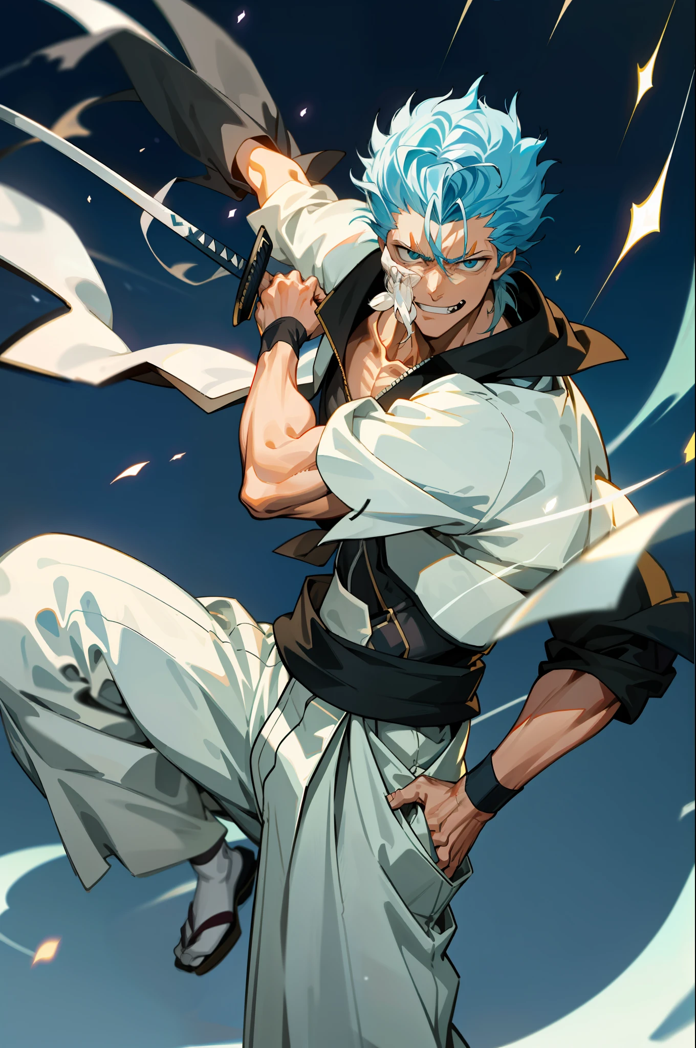 masterpiece, best quality, 1boy, grimmjow jaegerjaquez, at night, night, low light, natural light, fighting pose, white pants, white jacket, smiling with tongue out, damaged clothes, damaged skin, street, japanese street, low light, light rays, aura power, floating particles, doing a power, holding a katana, zanpakutou, angry eyes, angry face, smiling, looking ahead, male focus, strong muscles, movie composition, deth of field, bokeh