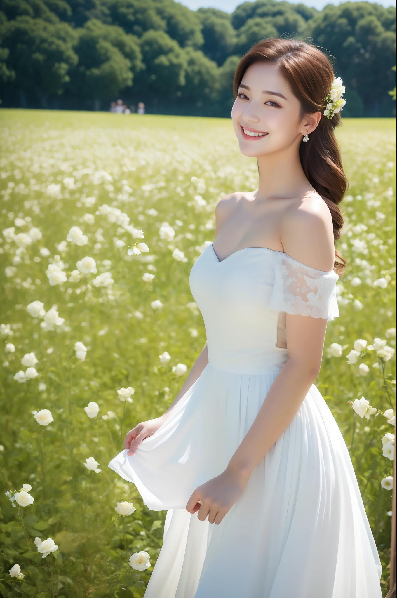 Best quality, masterpiece, ultra high res, (photorealistic:1.4), raw photo, 1girl, white dress, off shoulder, blossom blue roses flower field, glowing skin, light smile