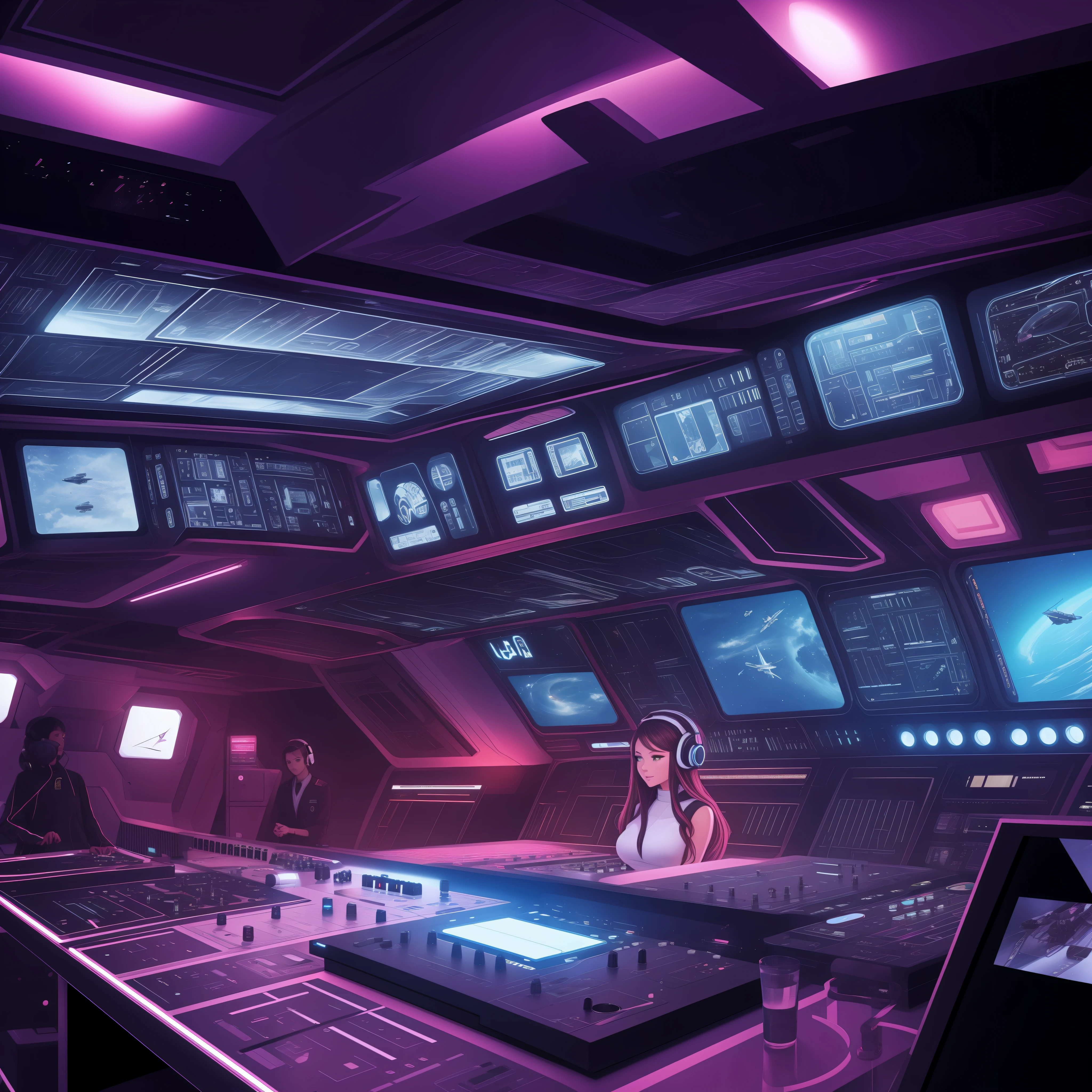 Drawing of a spaceship cockpit and a DJ booth、One beautiful woman in the middle sits facing the front