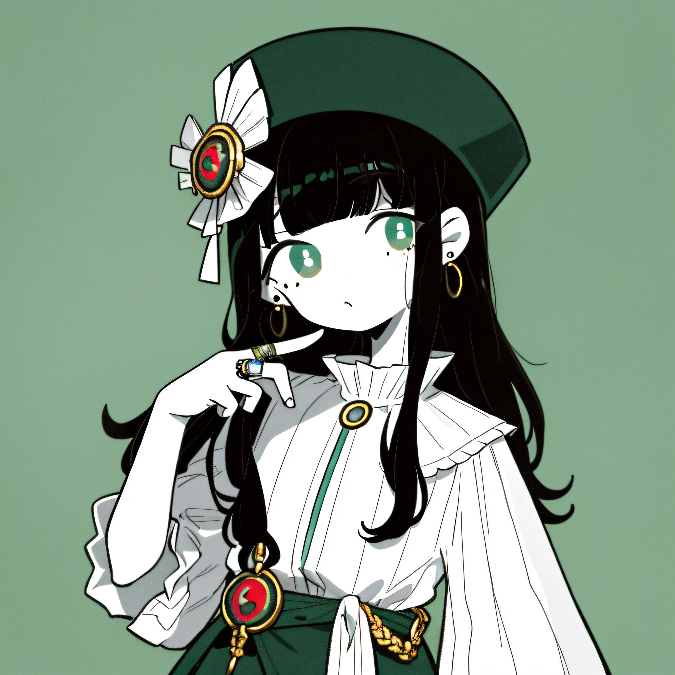 tmasterpiece，Best quality at best，1girl，aqua eyes，Black hair，Keep your mouth shut，耳Nipple Ring，Green background，Hats，Ring earrings，jewely，looking at viewert，The shirt，long whitr hair，simple backgound，独奏，Upper body，White color blouse