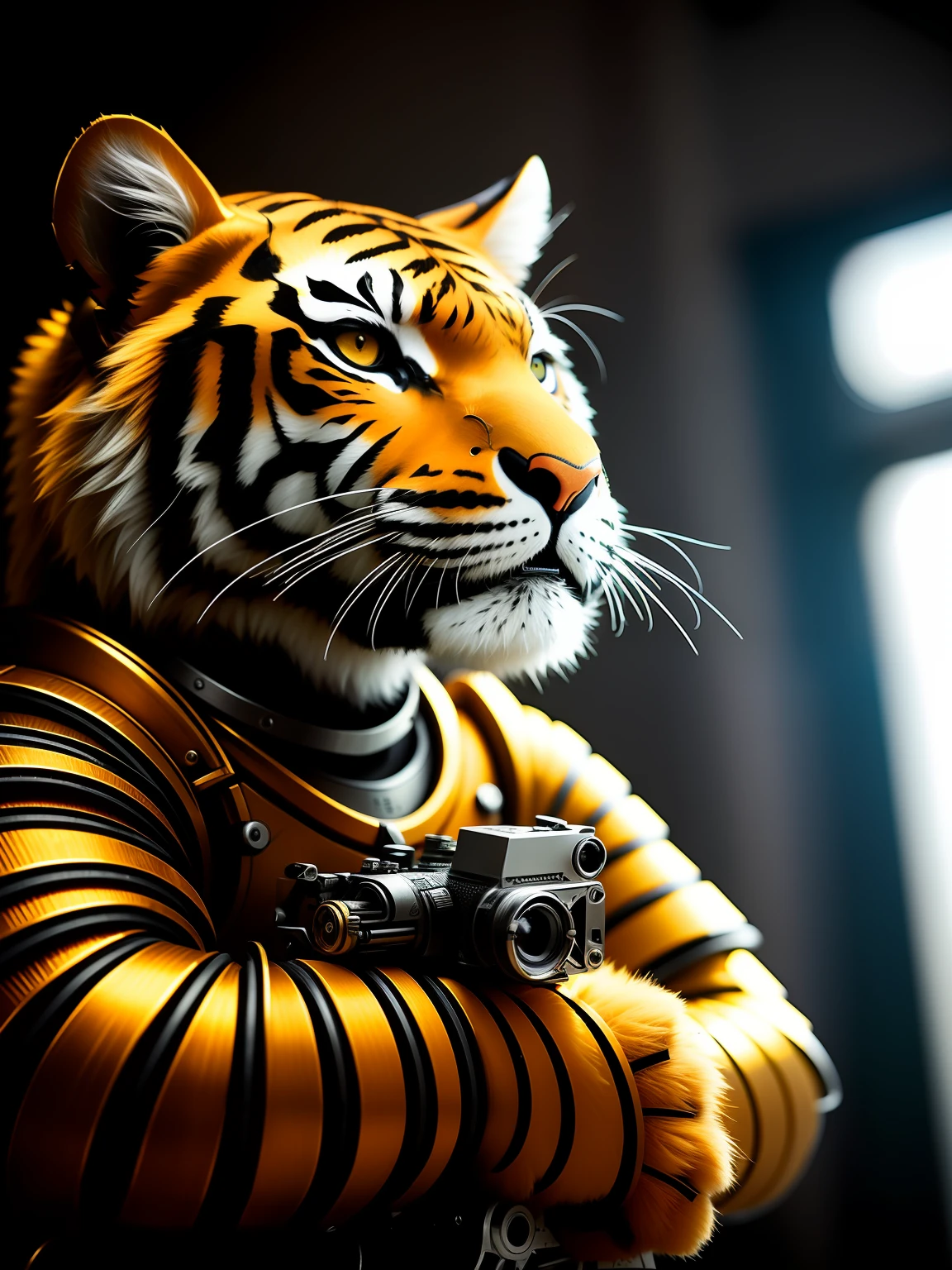 A fierce and cute little tiger made of metal，half-mechanical，(cyborg:1.1)，([tail | detailed wire]:1.3)，(Complicated details)，hdr，(Complicated details，hyperdetailed:1.2)，Cinema lenses，Vignette，at centre