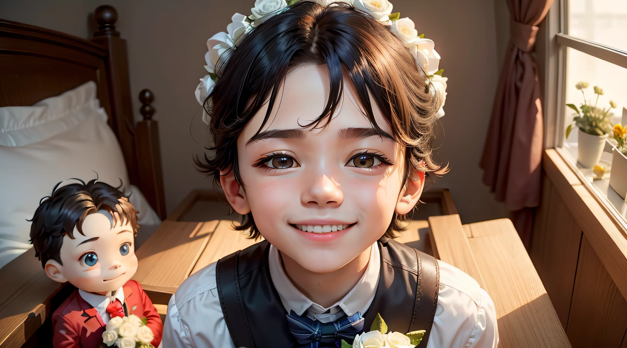 The boy smiled and held the finished video and doll bouquet and reached out to the girl for their anniversary, and the girl looked at the boy's face and smiled sweetly