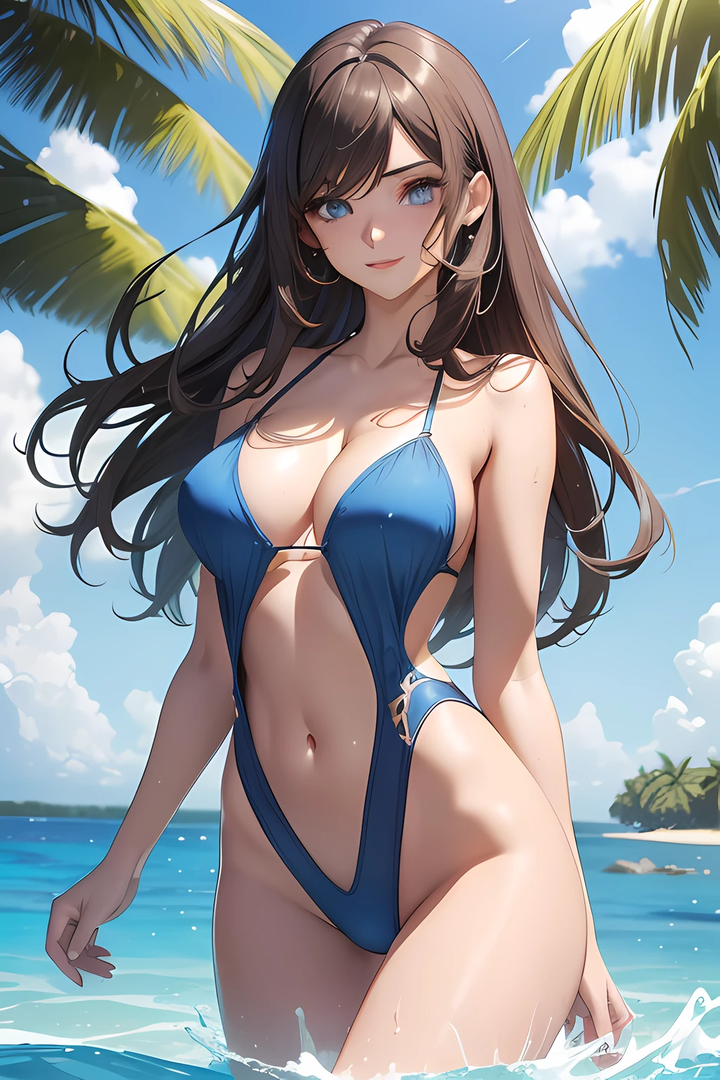 1woman, beautiful adult woman, in code geass style, light brown shiny hair, wet long hair, (hair over one eye), (((eyes visible through hair))), eyelash, eyeliner, ((beautiful and detailed face)), wet skin, ((beautiful and detailed eyes blue eyes)), ((light entering the iris)), (((seductive smile, seductive pose))), (((chewy breasts:1.3, cleavage))), (((deep open blue swimsuit:1.7, deep plunge monokini:1.7, deep v monokini:1.7, navel baring:1.7, backless:1.3, no bra))), outdoors, (((walking on beach))), (((incredibly absurdres, absolutely resolution, ultra-detailed, highres, extremely delicate and beautiful woman))), (super fine illustration), sunlighting, best shadow, dynamic angle, dutch angle, clearing water, beauteful sea in Maldives, wide shot