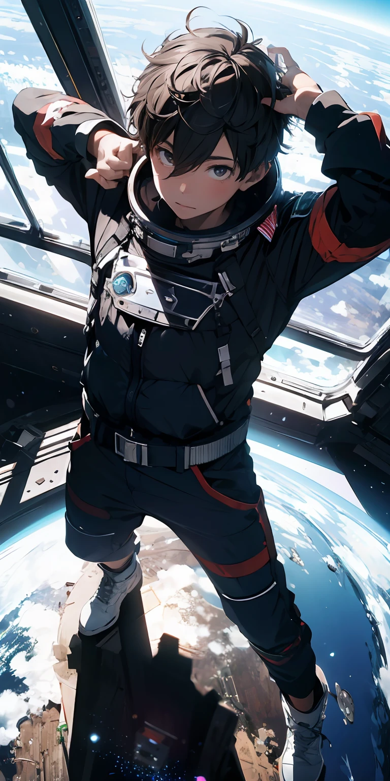 ridiculous resolution, high resolution, (masterpiece:1.4), super detailed, 1boy, seen from above, space, floating, --v 6