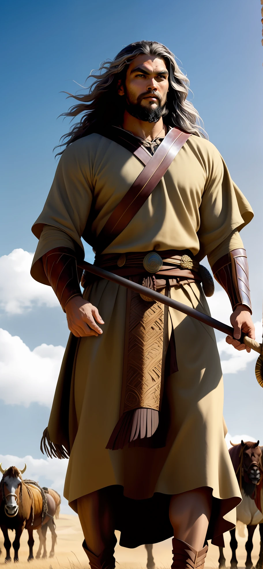 Um close up de um homem de 60 anos com barba longa e grisalha, and long, gray hair standing in a field with oxen, camelos e ovelhas, biblical epic movie, moses, Greg Olsen, arte conceitual de deus, jason momoa as assyrian, Directed by: Daniel Taylor, epic biblical representation, a person standing in front of a, Jason Momoa como Conan, epic cinematic matte painting, he's facing off, com cabelos e barba grisalhos e longos, No projeto de Eliot Kohek