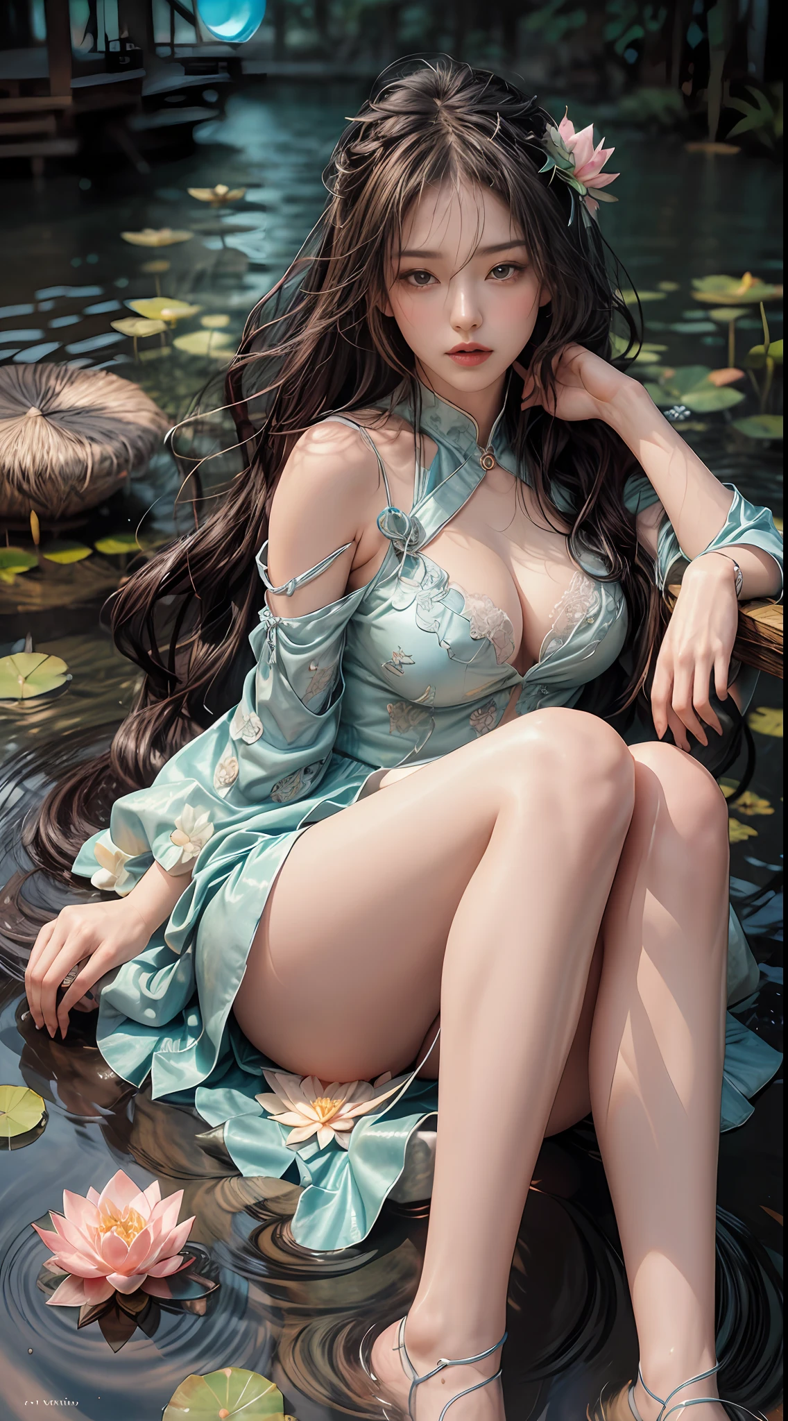 Sitting by a lake full of lotus flowers, feet playing in the water, the art depicts a charming woman with a melon face, dressed in a flowing, silky traditional oriental dress, long, aqua blue, decorated with intricate patterns and bright colors. Her dress drapes elegantly over her curvy figure, accentuating her seductive silhouette. She sits gracefully by the tranquil lotus lake, her feet playing in the water, bathed in the soft glow of the moonlight. The scene exudes an ethereal and dreamy atmosphere, with a touch of mystery and sexiness. The graphic style blends watercolor and digital illustration techniques to evoke a refined beauty and charm. The lights are filled with soft moonlight, casting soft highlights and shadows on her charming features. Bare thighs, big breasts, three-dimensional facial features, sitting, upturned legs, side braids