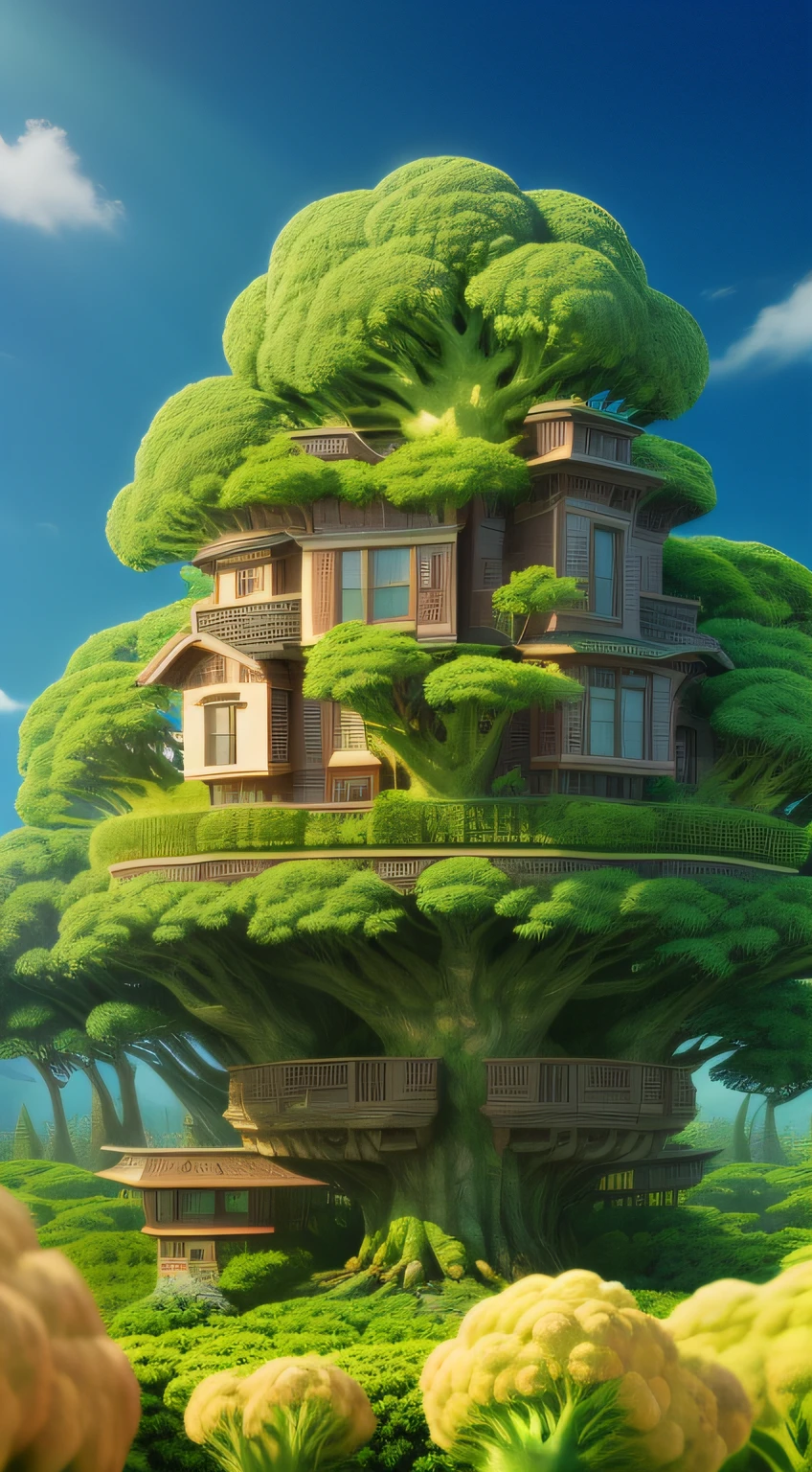 There is a house in the middle of a giant broccoli, , tree town, Animated Movies, hentail realism, highly detailed surreal vfx, tv commercial, bonsai tree house, tree house, Global illumination. vfx, Realiy