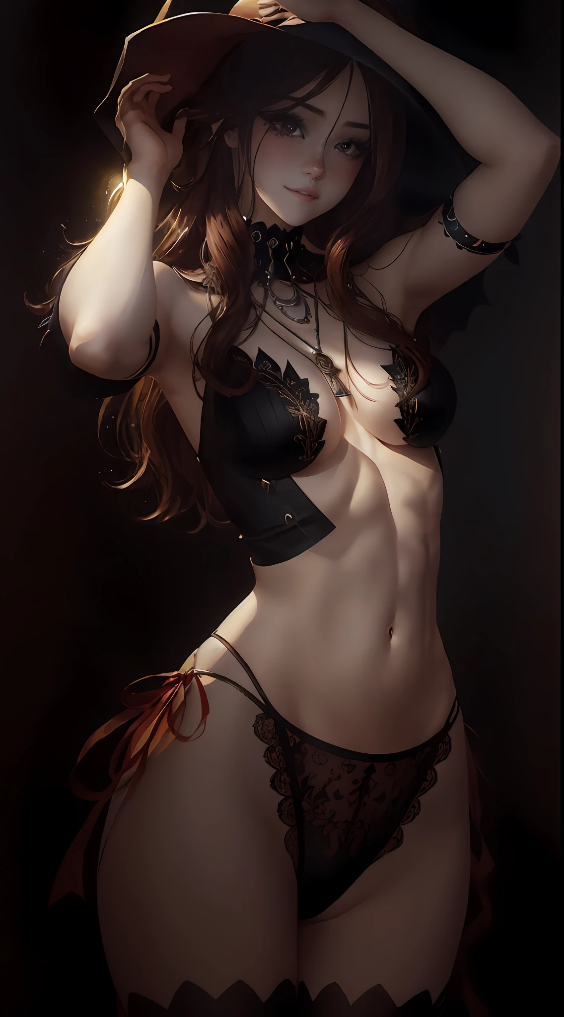 high-level image quality、hightquality、realisitic、Beautuful Women、the witch、Witch Costume、sorcerer、Wacky costumes、A sexy、Constricted hips、Toned abs、skinny thigh、(realisitic:1.5)、(masterpiece、Highly detailed CG unified 8k wallpapers、top-quality、hight resolution:1.2)、(ultra-detailliert、UHD:1.2)、(pixiv:1.3)、perfect illumination、distinctive、(a beauty girl:1.2)、Viewer's Perspective、Unreal Engine、side lights、face perfect、A detailed face、beautidful eyes、Clean face、(bright skin:1.3)、idol、(abdominals)、ulzzang-6500-v1.1、Soft smile、The upper part of the body、(dark red hair)、(simple background)、((dark backgrounds))、(depth of fields)、a closeup、selphie