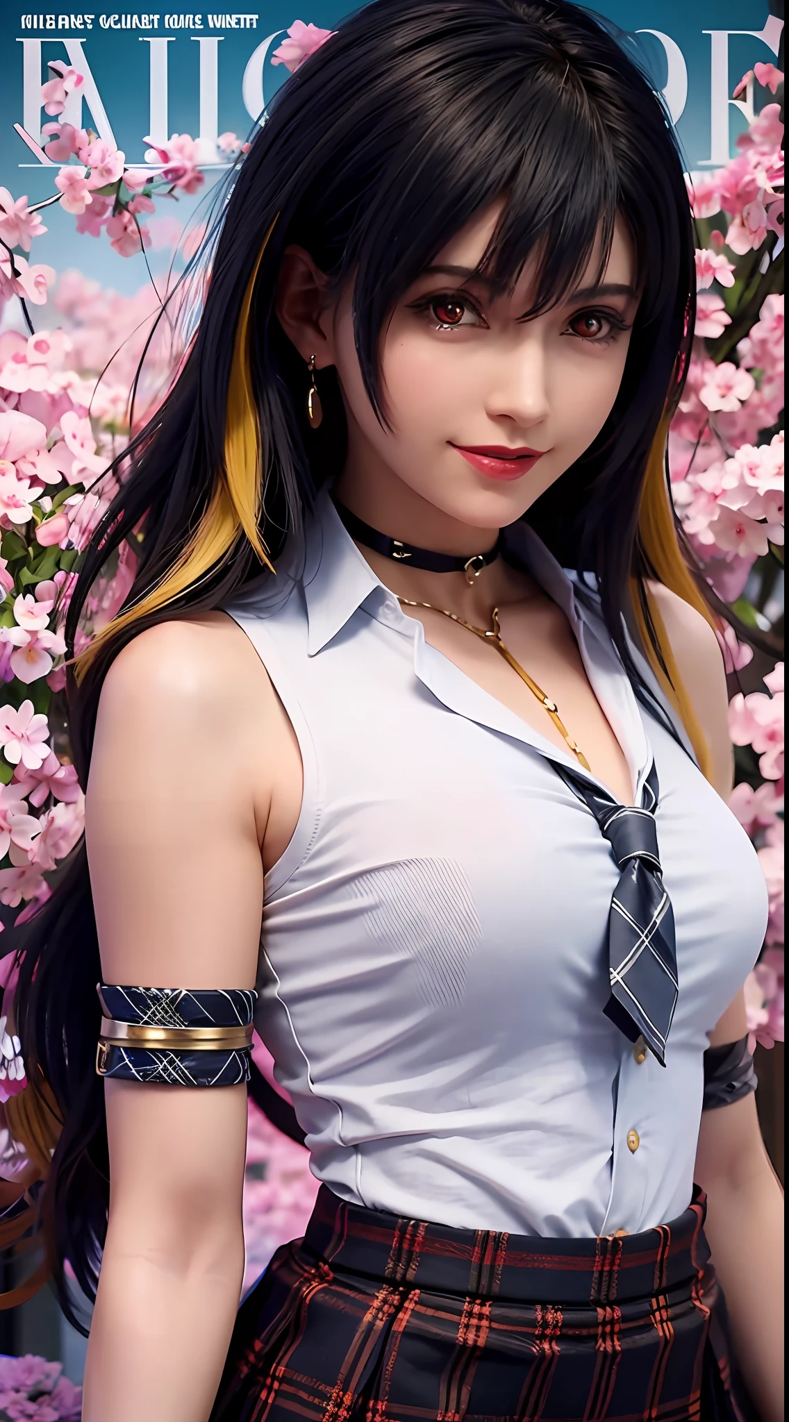 masterpiece, best quality, full body, 1girl, bangs, black choker, black necktie, blonde hair, blue skirt, blush, bracelet, breasts, choker, clothes around waist, collarbone, collared shirt, cowboy shot, dress shirt, ear piercing, eyebrows visible through hair, gradient hair, grin, gyaru, jewelry, kogal, long hair, looking at viewer, loose necktie, necktie, piercing, plaid, plaid skirt, pleated skirt, red eyes, ring, school uniform, shirt, skirt, smile, solo, white shirt, street, sky, cherry blossoms, petals,illustration, (magazine:1.3), (cover-style:1.3), fashionable, woman, vibrant, outfit, posing, front, colorful, dynamic, background, elements, confident, expression, holding, statement, accessory, majestic, coiled, around, touch, scene, text, cover, bold, attention-grabbing, title, stylish, font, catchy, headline, larger, striking, modern, trendy, focus, fashion,