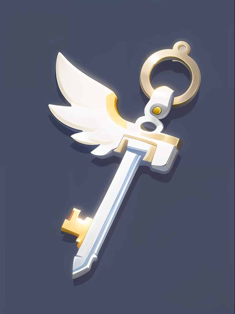 An item icon in a two-dimensional game,the icon is a silver key,a white wing one it ,the key is for high school students,boys,in the style of Ghibli Studio style,simple minimalism,use of soft colors,white,light yellow and light navy,tilt-shift,close-Up(CU), no real bird