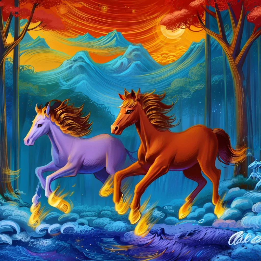 Horses in the forest ,coils, illustration, dream magical