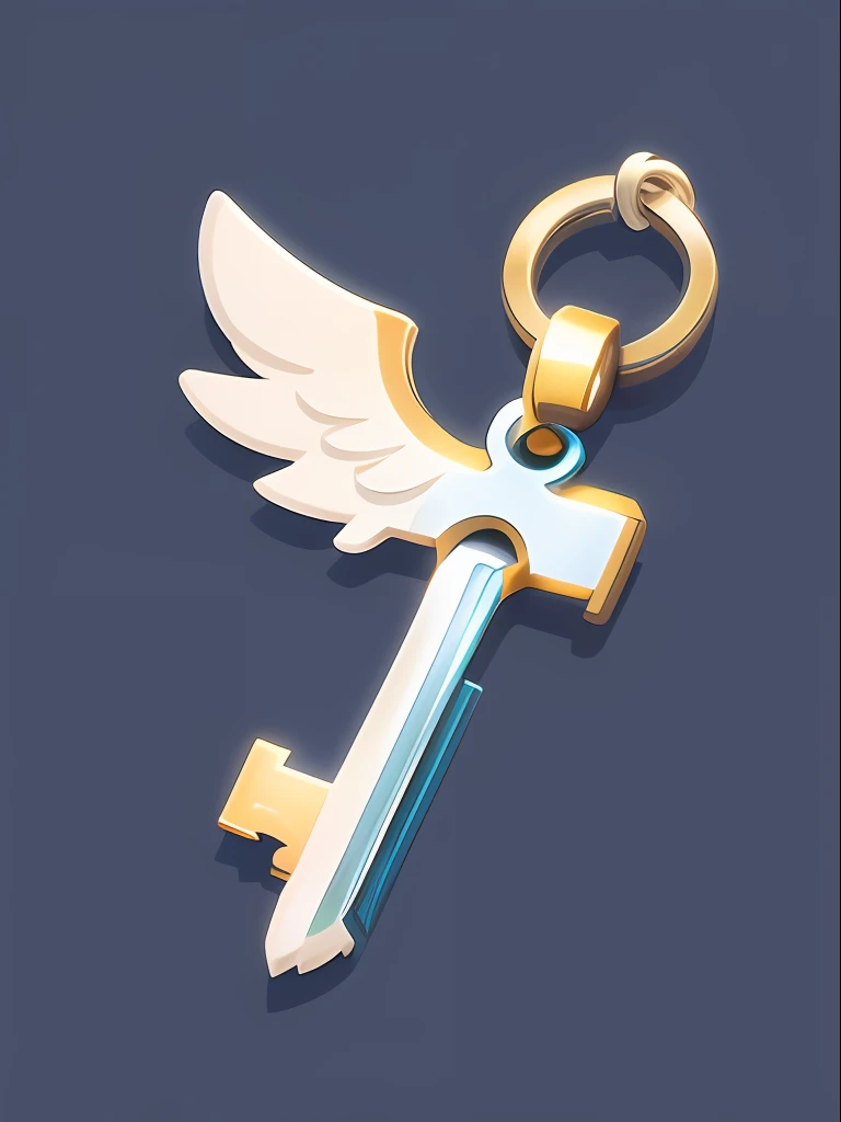 An item icon in a two-dimensional game,the icon is a silver key,a white wing one it ,the key is for high school students,boys,in the style of Ghibli Studio style,simple minimalism,use of soft colors,white,light yellow and light navy,tilt-shift,close-Up(CU), no real bird