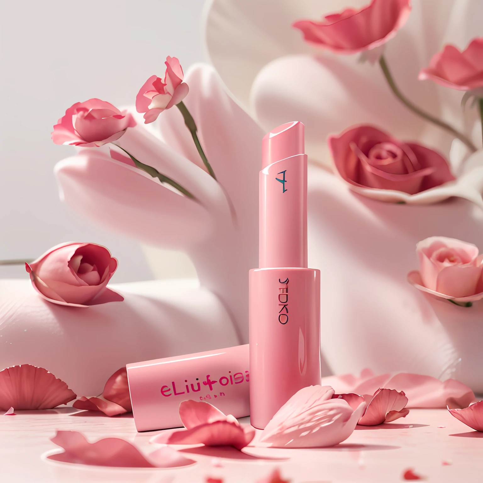 Alafin lipstick is placed on the table, dramatic product shot, Red blush, Elpitis, lipstick, Coral lipstick, professional product shot, pink petals fly, Product photo, Pink lipstick, close-up product photo, Nature dot roses, light Pink lipstick, professional product photo, products shot