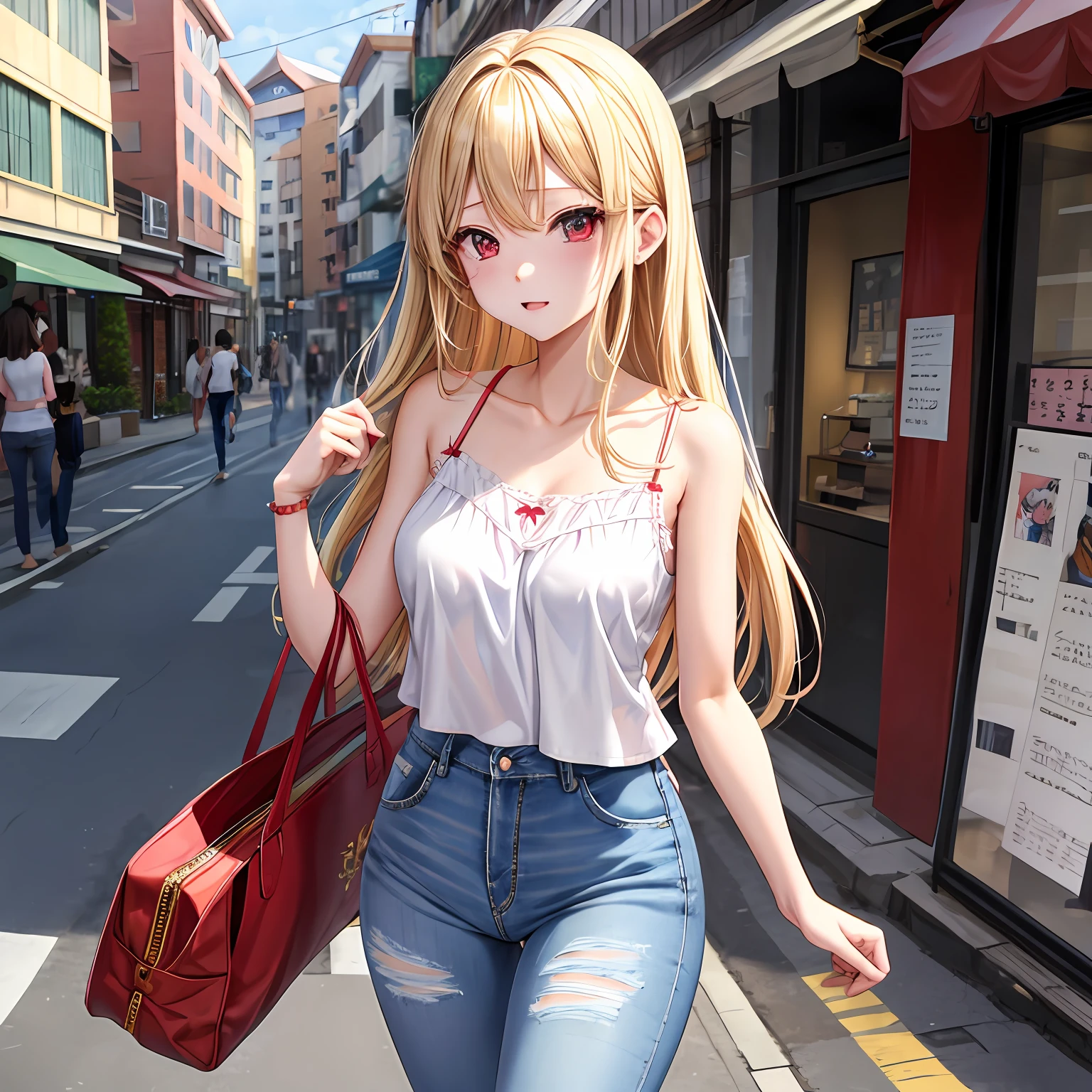 a blond、red eyes、One pretty girl、独奏、animesque、Camisole、jeans、In the street