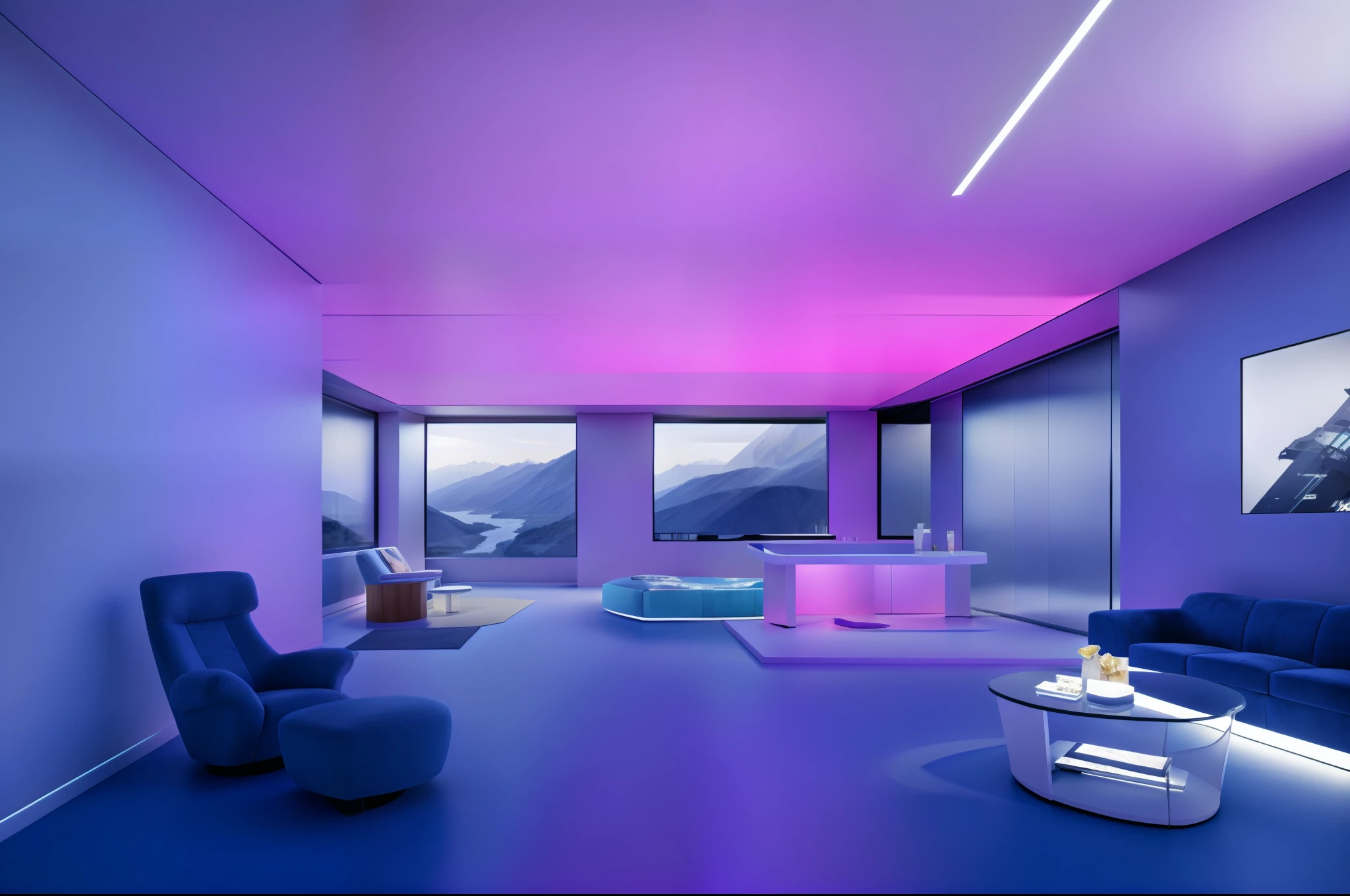 liveroom,Wide-angle panorama,inside in room,Very detailed wide angle architectural photography,Comfortable futuristic living room,the night,Bright indoor,Tech panel screens and glass,floor to ceiling window,Cyberpunk city background outside the window,desks,a chair,inside in room,wooden floor,janelas,dining room,metal gate,Strip light,Outside the window there are spaceships and floating cars,Neon signs and billboards on the street,