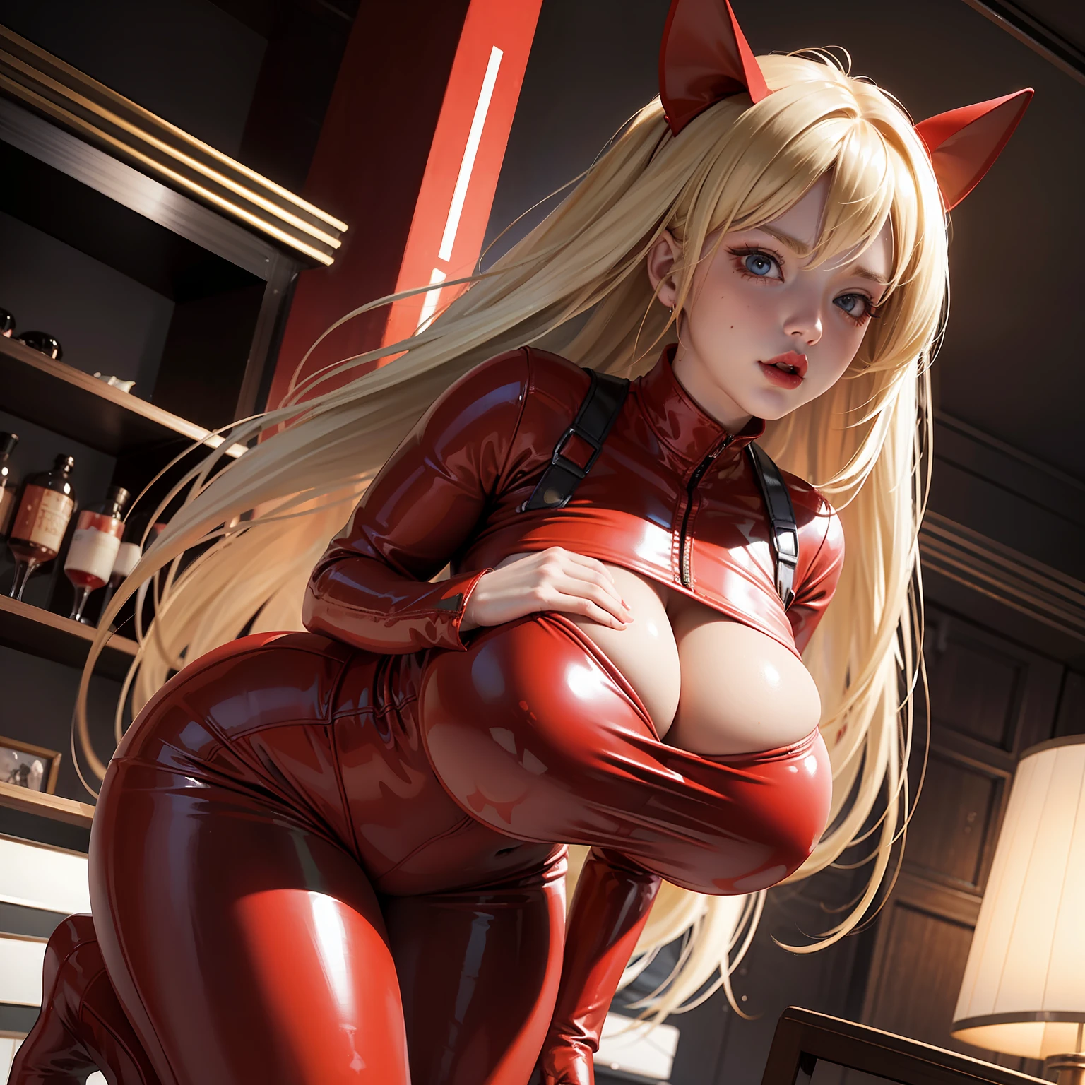 From below，Woman in red tight latex clothes，byself，Stand up，Hands were hoisted，（（gigantic cleavage breasts）），Huge stacked breasts，（Surreal breasts ）（（Extremely full breasts）），（（Super large）），Big breasts Thin waist，（（（Extremely large breasts））），worried expression，seductiv，spread their legs，Insert a stick under the crotch