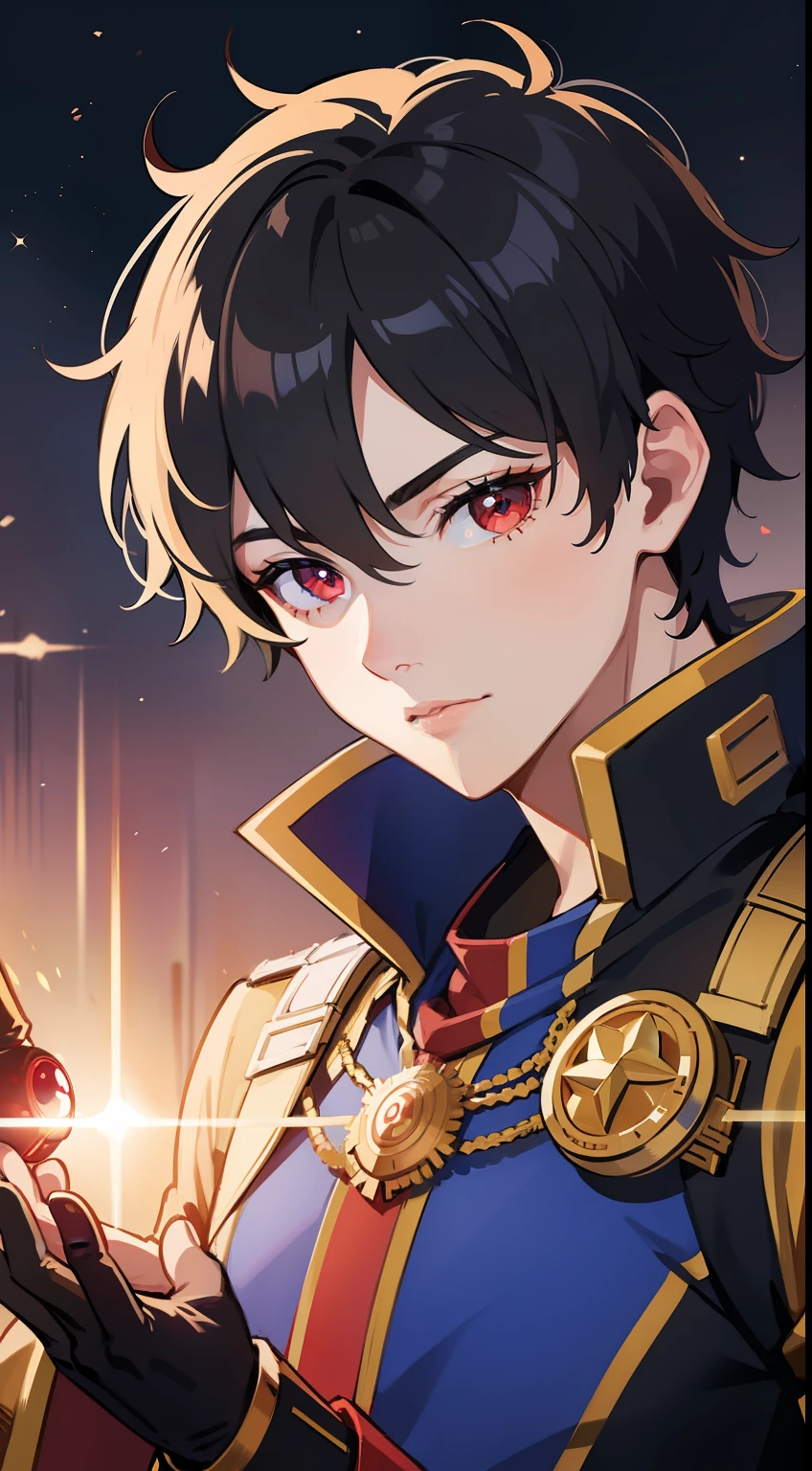 Young guy, short black hair, The eyes are red, Royal Uniform, The Infinity Gauntlet, Masterpiece, hiquality