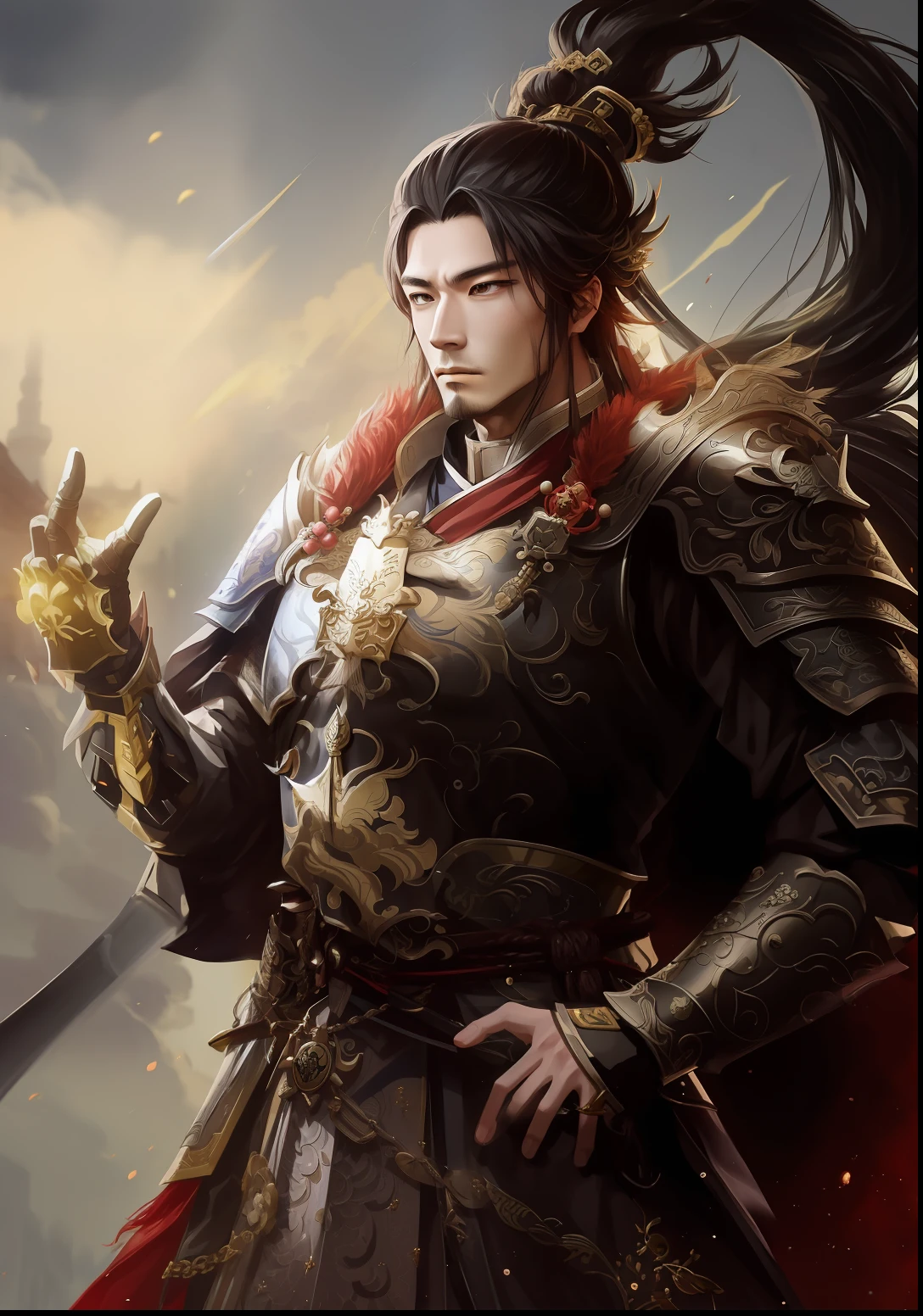 A man in armor holds a sword and points at something, bian lian, zhao yun, inspired by Li Kan, inspired by Park Hua, Inspired by Hu Zaobin, Inspired by Huang Shen, by Yang J, Chinese Warrior, heise jinyao, inspired by Zhang Wo, Inspired by Zhao Yuan, G Liulian art style, inspired by Wu Bin