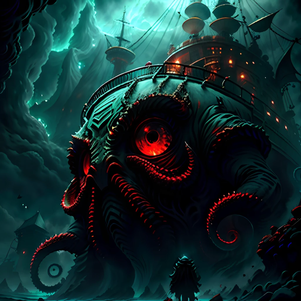 cold shades,A giant monster gazes at the ships below at sea,red color eyes,terroral,darkly,Strong sense of oppression,Cthulhu,tentaculata