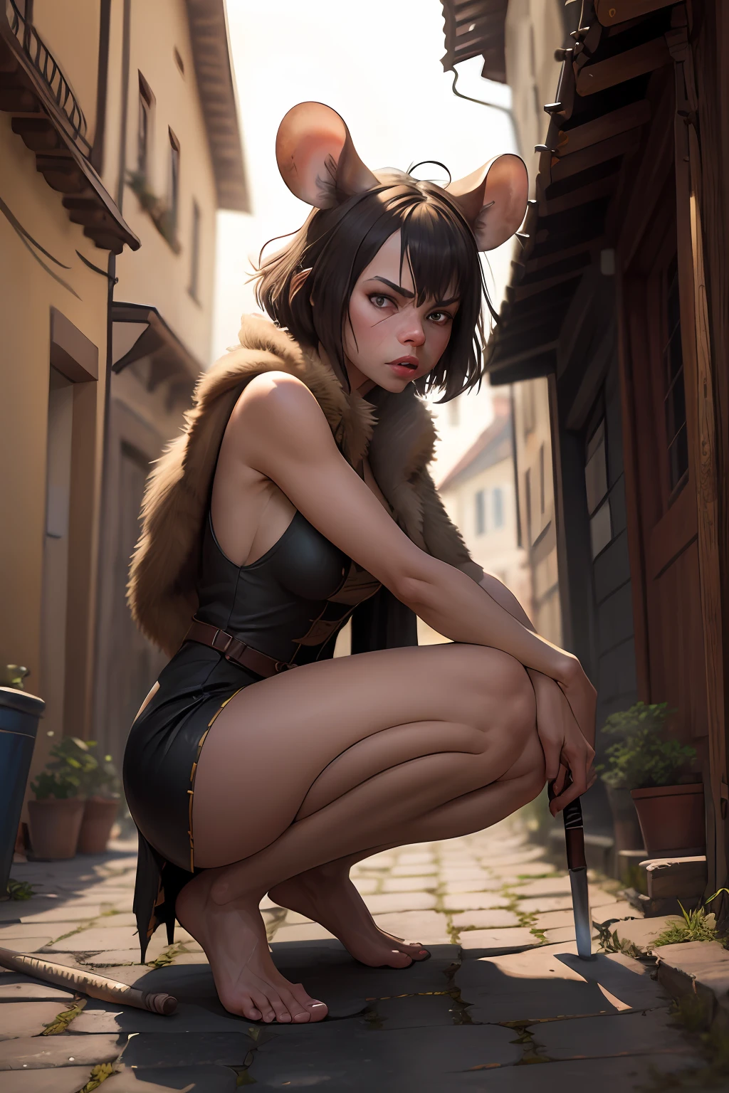 rat girl sneaking around, (masterpiece, highly detailed, 4K, 8K), realistic, (great anatomy, precise anatomy), furry, solo, rat girl, rat whiskers, rat ears, rat tail, brown fur, body fur, rat nose, long face, dirty dress, teared dress, cloaked, barefoot, paws, medieval town, gutter, looking around, cautious, crouching, holding shortsword, looking menacingly