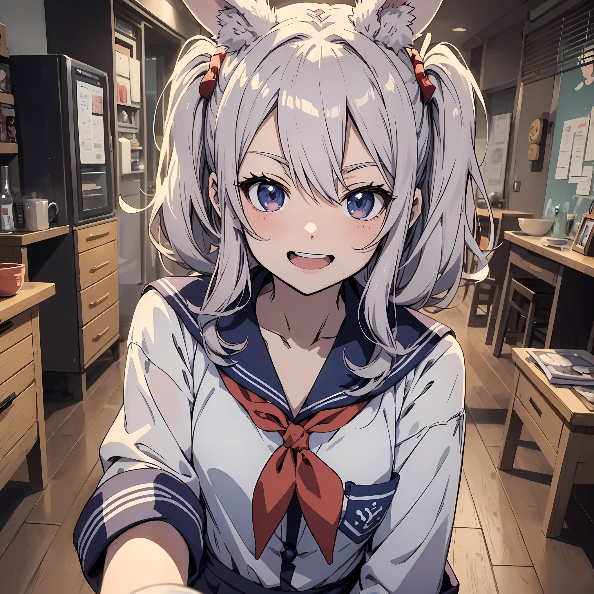 (((Anime style.1.4)))Rabbit-eared girl sisterhood Shy laugh a sailor suit (Selfie.1.5) The upper part of the body inside in room