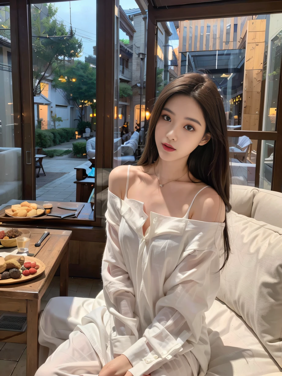 ，Masterpiece, Best quality，8K, 超高分辨率，Reallightandshadow，(beautidful eyes:1.2，looks into camera)，Beautuful Women，Summer clothing，nighttime scene，inns