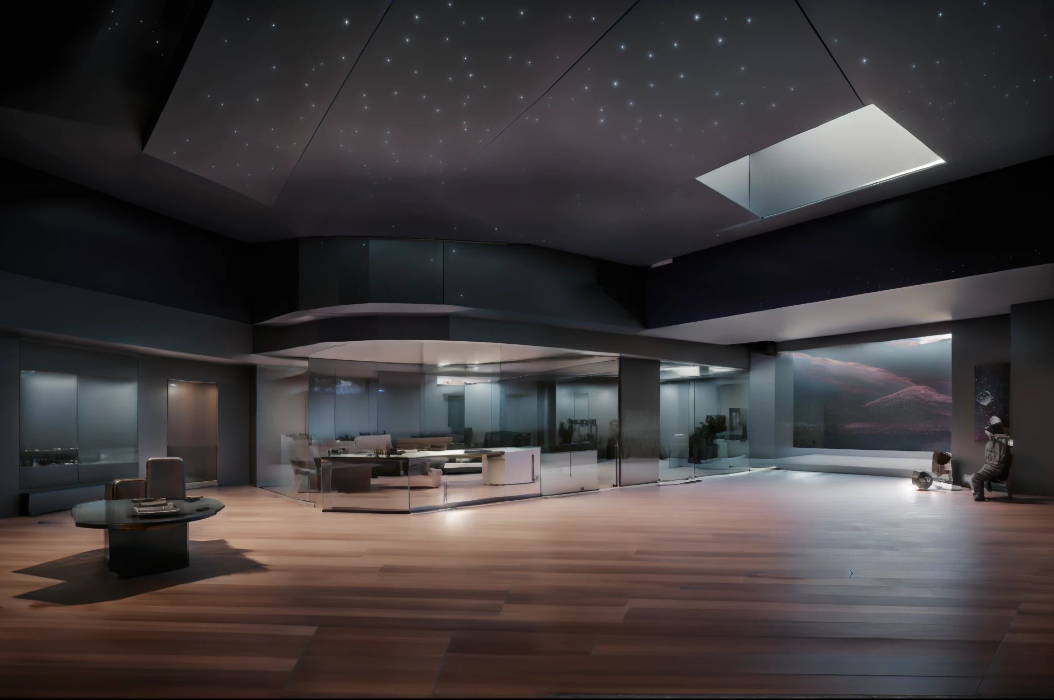 liveroom,in a panoramic view,Wide-angle architectural photography,Very detailed interior design,Space capsule,Tech panel screens and glass,Starry sky background outside the window,universe background,A view in the universe,desks,a chair,inside in room,wooden floor,janelas,dining room,metal gate,Strip light,