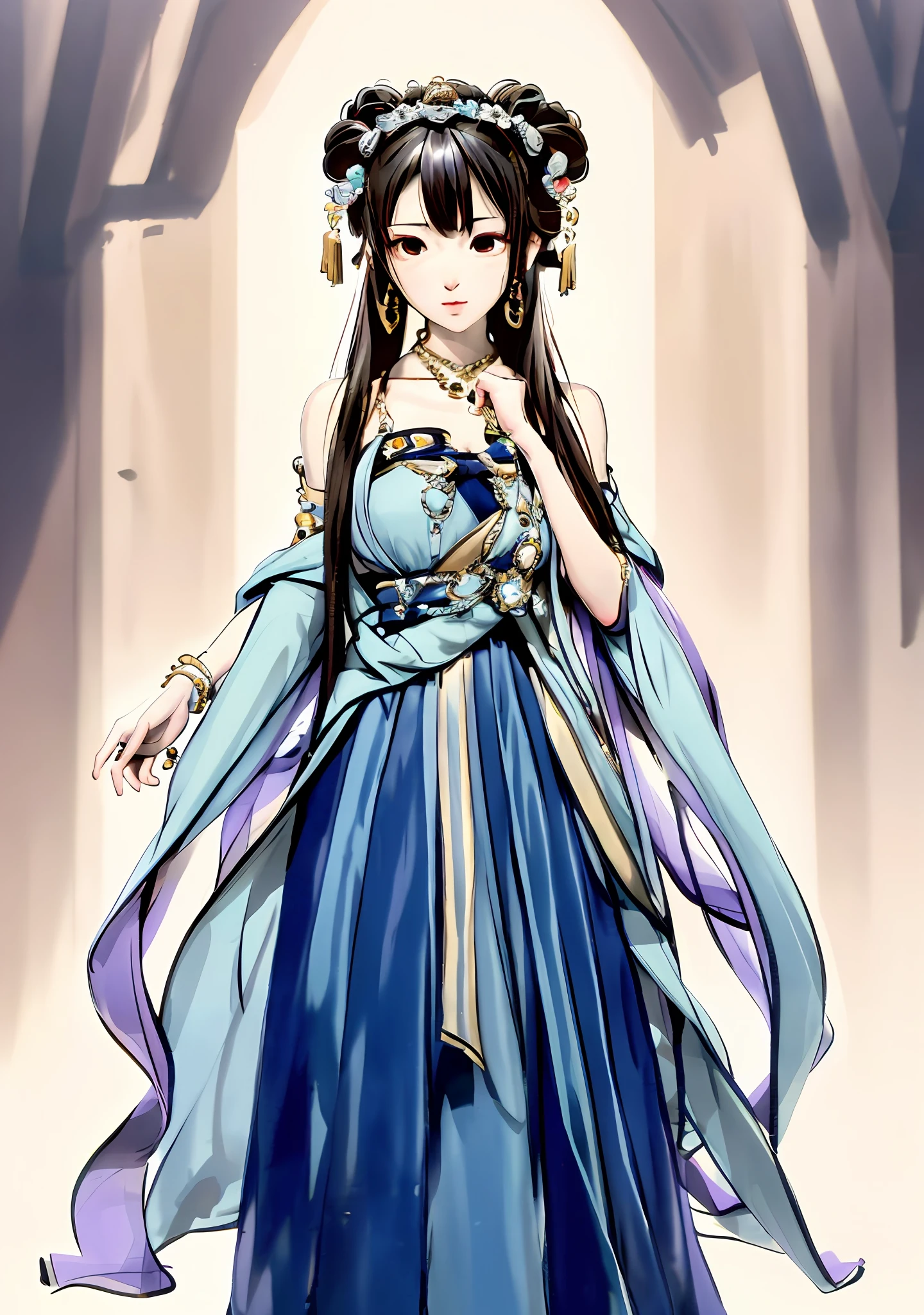 best quality, masterpiece,highres, (((yunyun))) ,necklace,hair ornament, (Beautiful face), looking at viewer, standing, ((half body)), blue open dress, left arm reaching out, right arm hanging down