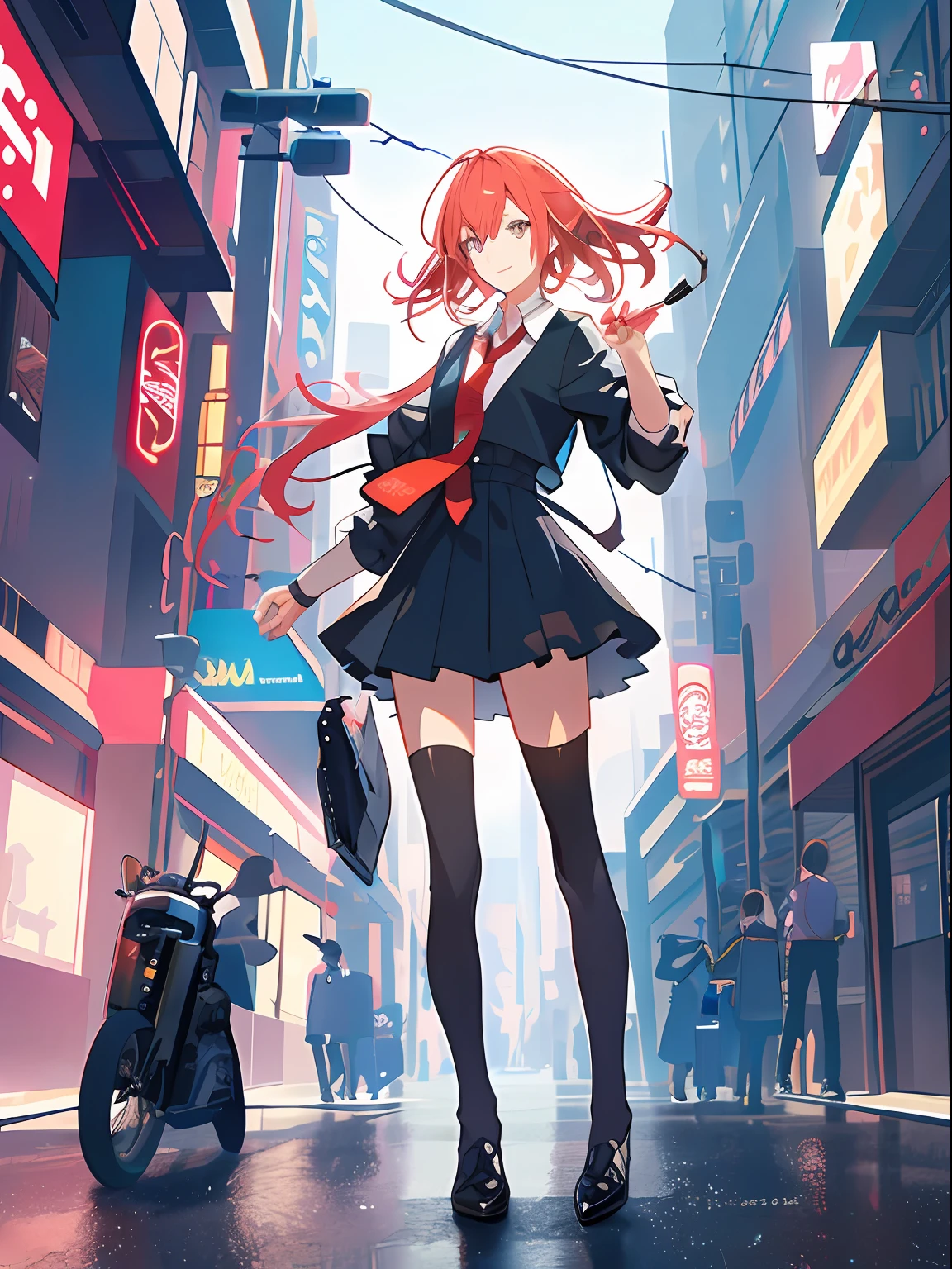 (tmasterpiece:1.2),best qualtiy,realisticlying,
Bustling street,vehicles,Pedestrians,Cards float in the air,blackstockings