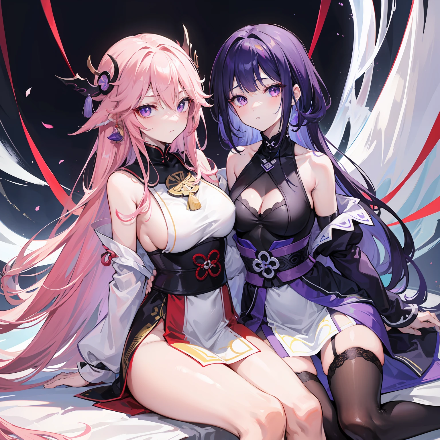 yae miko,It gives the feeling of an adult woman,She has pink eyes and crumbs in her eyes,Her long silky pink hair was tied up at the end,The fox's ears, which symbolize his status as a divine messenger, are earrings set with purple gemstones all year round,wearing red cheongsam,The chest is an E cup,She put her arms around Raiden General and pulled the red line around Raiden Shogun's waist,Raiden General has the feeling of an adult woman but a girl,Teng purple hair is over the waist, Teng purple hair coiled into a twisted braid,flat bangs,The bangs are neat and soft, but slightly bifurcated from the left forehead,The long hair was not tied up neatly, but a strand was left on the chest,It is like a silent expression that "it is difficult for gods to completely straighten their hair",Subtly closing the distance between the player and the player。The vine purple pupils reflect her identity as the god of thunder like the representative color of the thunder element,And slightly drooping eyelashes and tear moles on the left side of the eye,It also added a bit of tenderness to General Raiden's original steely temperament,Wearing a tight black cheongsam,There is a red thread around the waist to tie the clothes to prevent them from falling off,Wear fleshy black stockings,The chest is an F cup,The two of them sat on the bed,Tonight is their cave night
