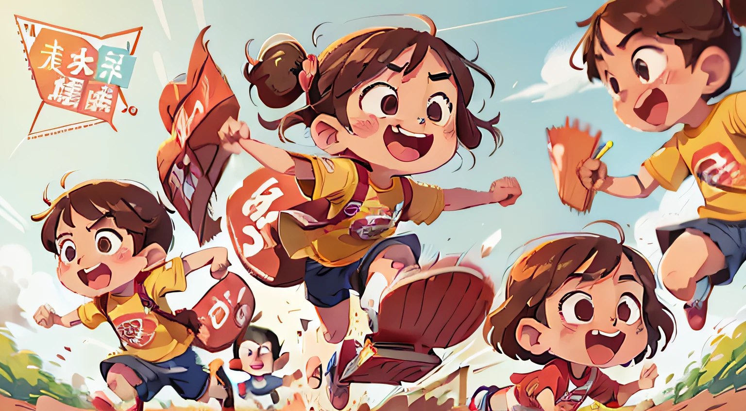 Poster design,(sfw),An adult and three are racing,Text content "I am an investment analyst",cartoonish style,夏天,cheerfulness,The background is financial goods,Perfect quality,Clear focus,extremely colorful,s the perfect face,Complicated details,ultra-low perspective,wide wide shot