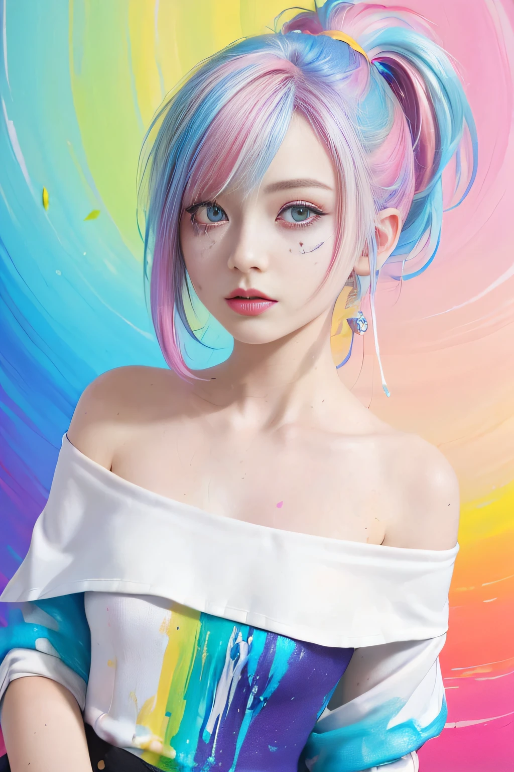 (Pink Fashion T-shirt:1.9),(Colorful hair: 1.8), (all the colours of the rainbow: 1.8),(((((vertical painting:1.6))), (painting:1.6),front, comics, illustrations, paintings, large eyes, crystal clear eyes,( rainbow color gradient high ponytail:1.7), exquisite makeup, closed mouth,(Small Fresh: 1.5),(Wipe Chest: 1.6) ,long eyelashes, white off shoulder T-shirt, White Shoulder Shirt,looking at the audience, large watery eyes, (rainbow colored hair:1.6), color splash, (solo:1.8), color splash, color explosion, thick paint style, messy lines, ((shining)),(colorful), (colorful), (colorful), colorful, Thick Paint Style, (Splash) (Color Splash), Vertical Painting, Upper Body, Paint Splash, Acrylic Pigment, Gradient, Paint, Highest Image Quality, Highest Quality, Masterpiece, Solo, Depth of Field, Face Paint, colorful clothes, (Elegant: 1.2), gorgeous,long hair, wind, (Elegant: 1.3), (Petals: 1.4),(((masterpiece))),(((best quality))),((ultra-detailed)),(illustration),(dynamic angle),((floating)),(paint),((disheveled hair)),(solo),(1girl) , (((detailed anima face))),((beautiful detailed face)),collar,bare shoulders,white hair, ((colorful hair)),((streaked hair)),beautiful detailed eyes,(Gradient color eyes),(((colorful eyes))),(((colorful background))),(((high saturation))),(((surrounded by colorful splashes))),