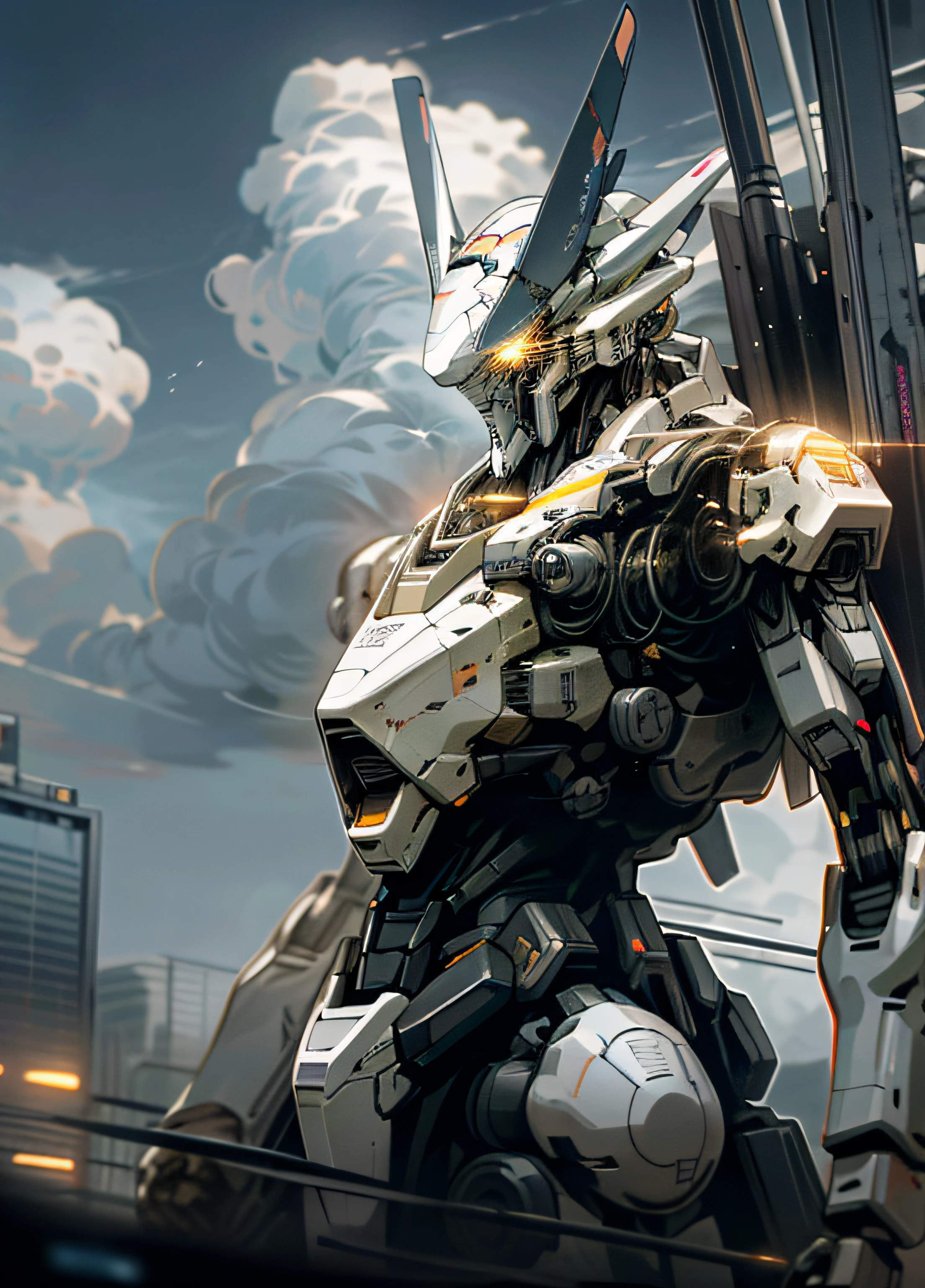 Skysky,clouds,holding_weapon,no_humans,hyper-detailing,with light glowing,,droid,buliding,glowing_eyes,mecha,scientific fiction,城市,Realistis,mecha