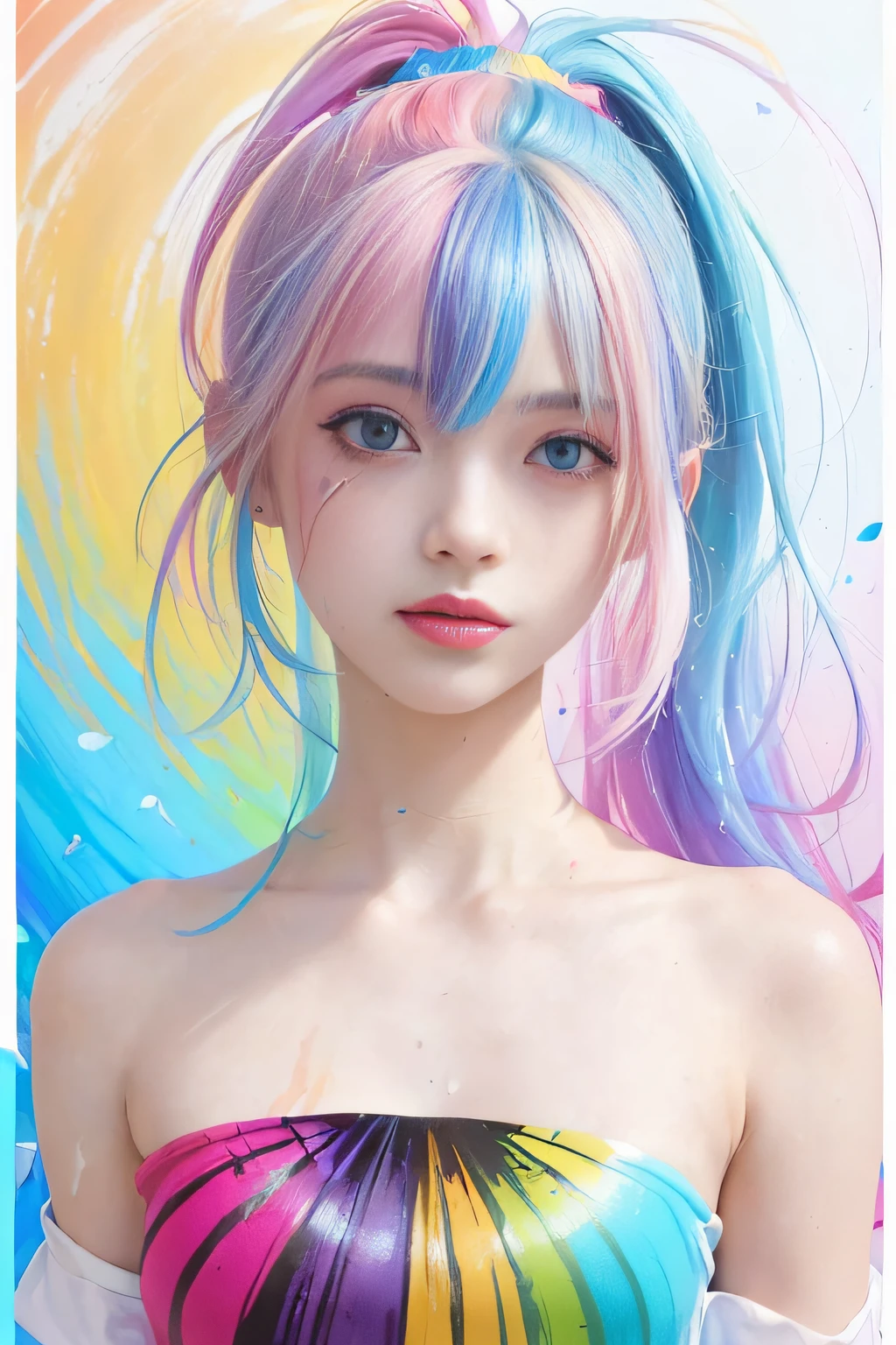 (Pink Fashion T-shirt:1.9),(Colorful hair: 1.8), (all the colours of the rainbow: 1.8),(((((vertical painting:1.6))), (painting:1.6),front, comics, illustrations, paintings, large eyes, crystal clear eyes,( rainbow color gradient high ponytail:1.7), exquisite makeup, closed mouth,(Small Fresh: 1.5),(Wipe Chest: 1.6) ,long eyelashes, white off shoulder T-shirt, White Shoulder Shirt,looking at the audience, large watery eyes, (rainbow colored hair:1.6), color splash, (solo:1.8), color splash, color explosion, thick paint style, messy lines, ((shining)),(colorful), (colorful), (colorful), colorful, Thick Paint Style, (Splash) (Color Splash), Vertical Painting, Upper Body, Paint Splash, Acrylic Pigment, Gradient, Paint, Highest Image Quality, Highest Quality, Masterpiece, Solo, Depth of Field, Face Paint, colorful clothes, (Elegant: 1.2), gorgeous,long hair, wind, (Elegant: 1.3), (Petals: 1.4),(((masterpiece))),(((best quality))),((ultra-detailed)),(illustration),(dynamic angle),((floating)),(paint),((disheveled hair)),(solo),(1girl) , (((detailed anima face))),((beautiful detailed face)),collar,bare shoulders,white hair, ((colorful hair)),((streaked hair)),beautiful detailed eyes,(Gradient color eyes),(((colorful eyes))),(((colorful background))),(((high saturation))),(((surrounded by colorful splashes))),