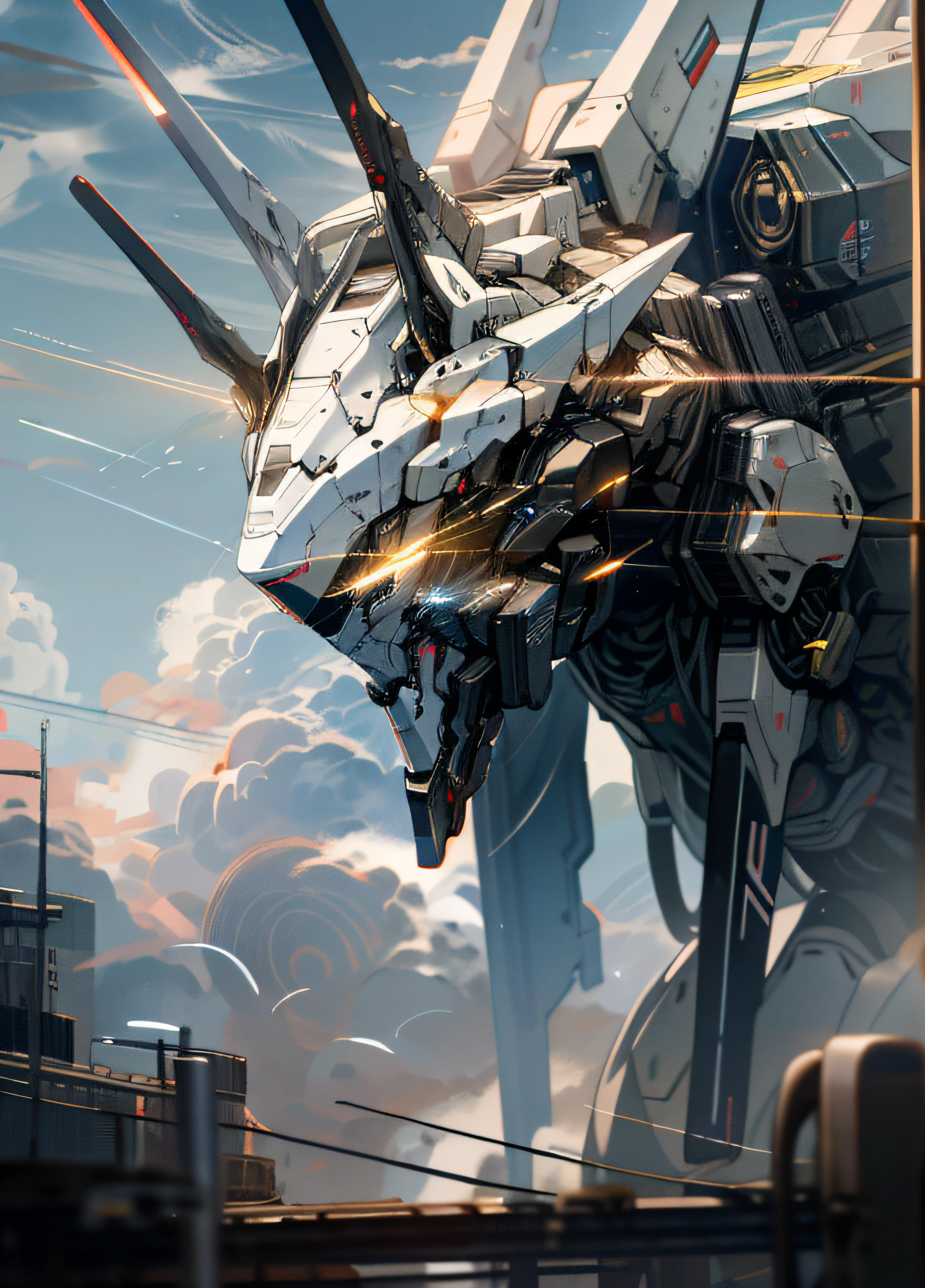 Skysky,clouds,holding_weapon,no_humans,hyper-detailing,with light glowing,,droid,buliding,glowing_eyes,mecha,scientific fiction,城市,Realistis,mecha