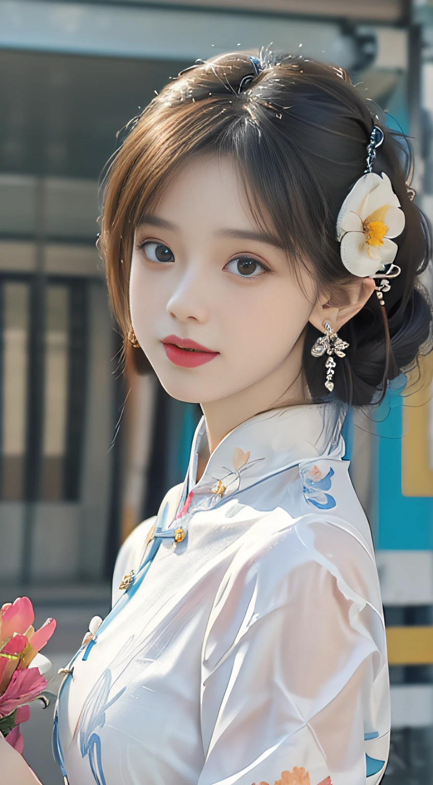 (Masterpiece, Top quality, Best quality, offcial art, Beautiful and aesthetic:1.2), (a beautiful girl in vintage aodai:1.3), Extremely detailed,(Fractal art:1.1),(Colorful:1.1)(Flowers:1.3),highest details,(zentangle:1.2), (Dynamic pose), street, Cyberpunk, (vietnam Traditional aodai:1.2), (Shiny skin), (many color:1.4), ,(Earrings:1.4),