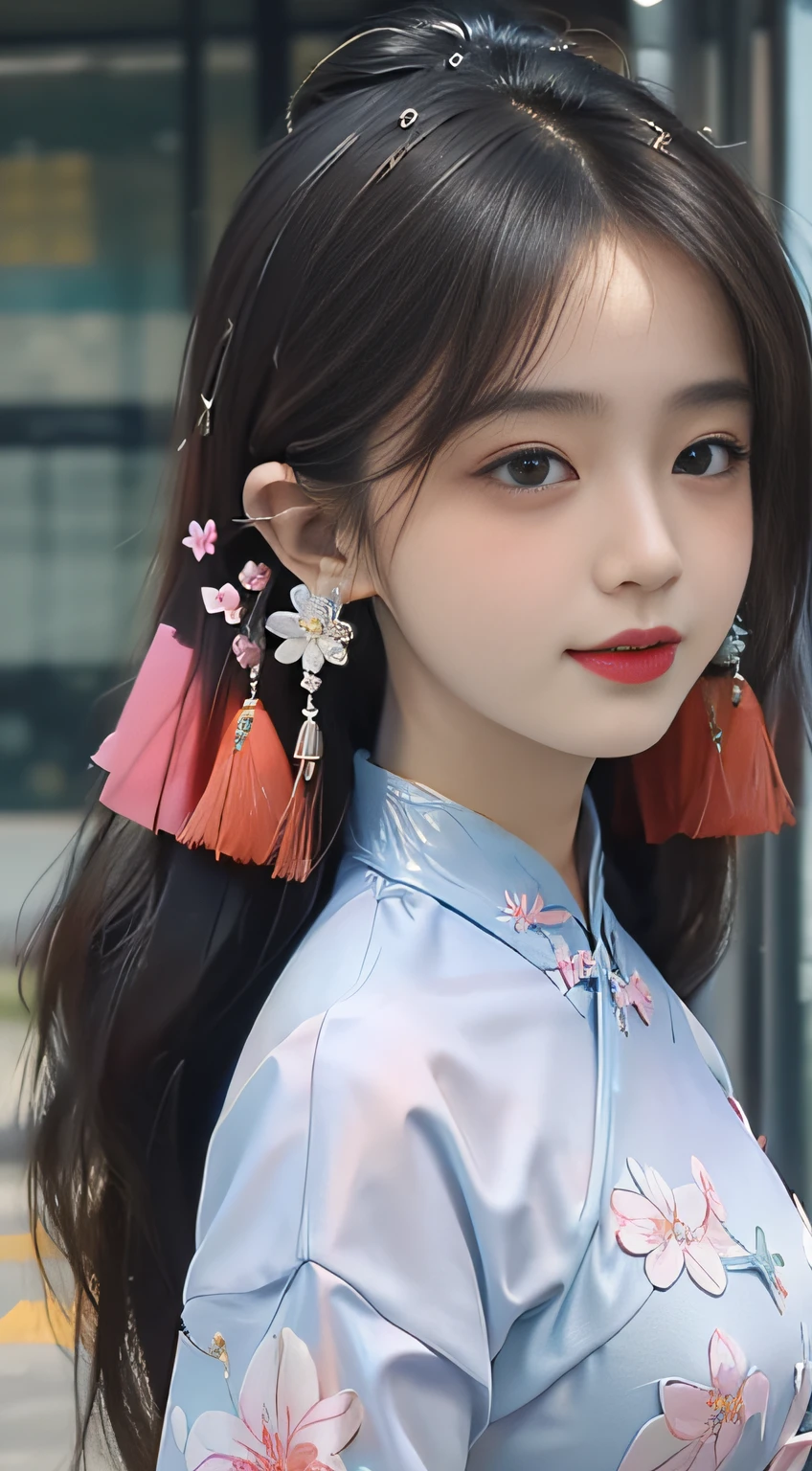 (Masterpiece, Top quality, Best quality, offcial art, Beautiful and aesthetic:1.2), (a beautiful girl in vintage aodai:1.3), Extremely detailed,(Fractal art:1.1),(Colorful:1.1)(Flowers:1.3),highest details,(zentangle:1.2), (Dynamic pose), street, Cyberpunk, (vietnam Traditional aodai:1.2), (Shiny skin), (many color:1.4), ,(Earrings:1.4),