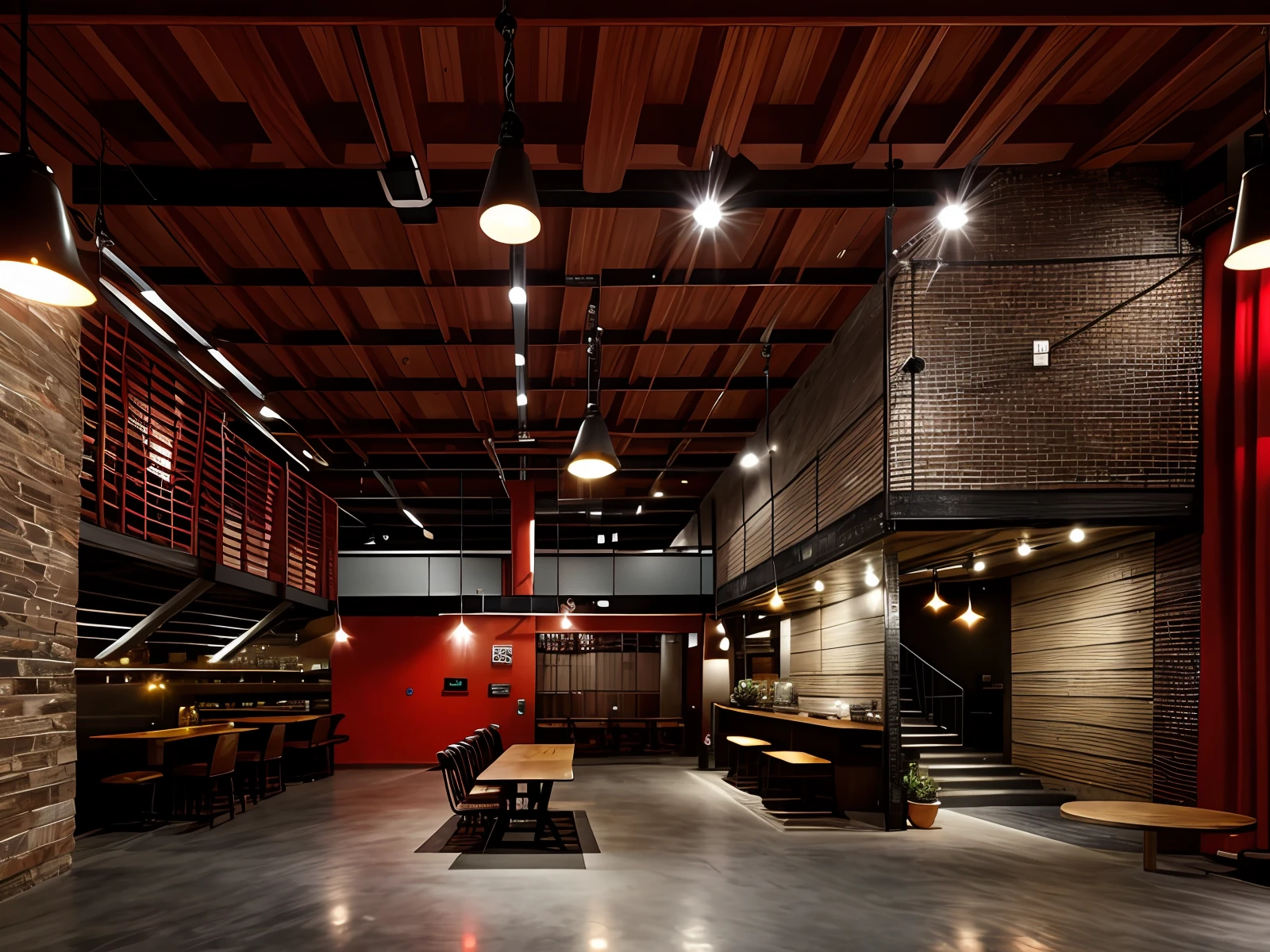 An industrial-chic restaurant designed by La Feria B&B Architects, featuring a 32K UHD style, restored and repurposed. The interior of the industrial restaurant includes tables and chairs, adopting the Quito School style with light bronze and red lighting. It also incorporates floor lighting, showcasing industrial materiality in red and brown tones, and incorporating Hispanicore elements. The restaurant is located inside a warehouse and is open to the public, Restaurant inside the warehouse,Equipped with table top and floor lighting, The open space has a drooping chandelier,In the style of the Quito school, Industrial materiality, Red and brown, Sci-fi futuristic,rtx on, Steel/Iron frame construction,High quality, A high resolution, Masterpiece,