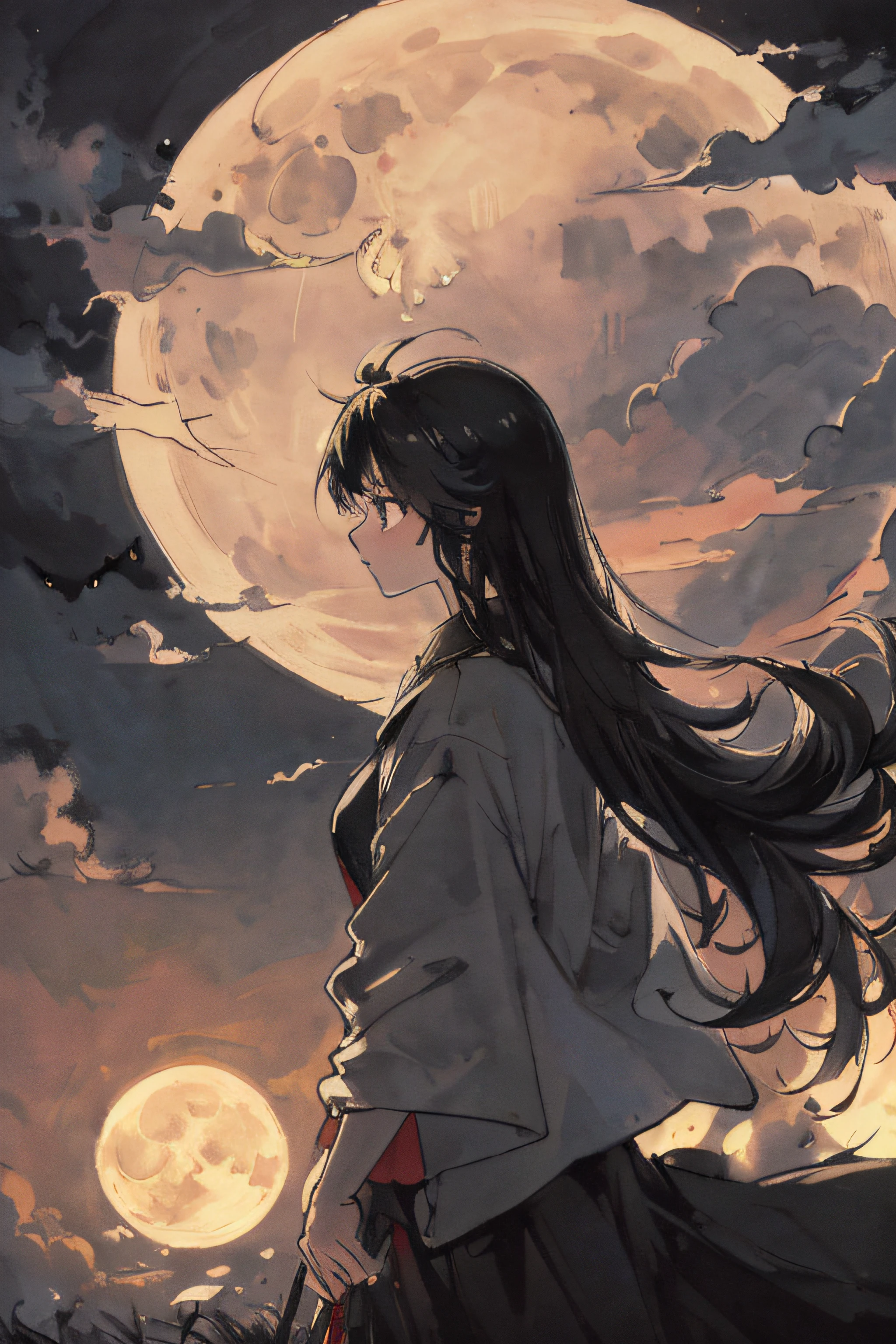 Masterpiece, Best quality, Night, hill, Clouds, full moon, Long hair, woman, Silhouette, glowworm.