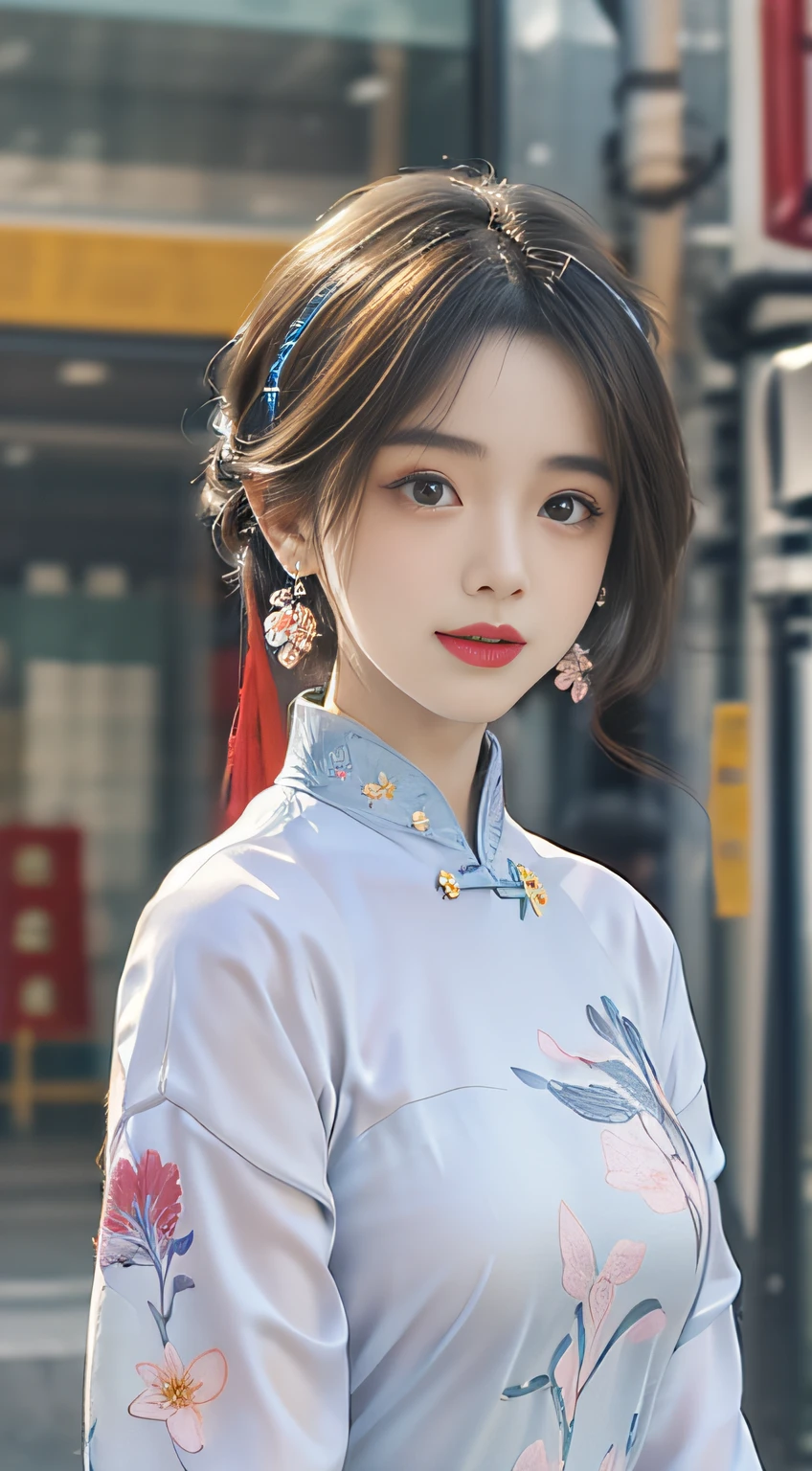 (Masterpiece, Top quality, Best quality, offcial art, Beautiful and aesthetic:1.2), (a beautiful girl in vintage aodai:1.3), Extremely detailed,(Fractal art:1.1),(Colorful:1.1)(Flowers:1.3),highest details,(zentangle:1.2), (Dynamic pose), street, Cyberpunk, (vietnam Traditional aodai:1.2), (Shiny skin), (many color:1.4), ,(Earrings:1.4),