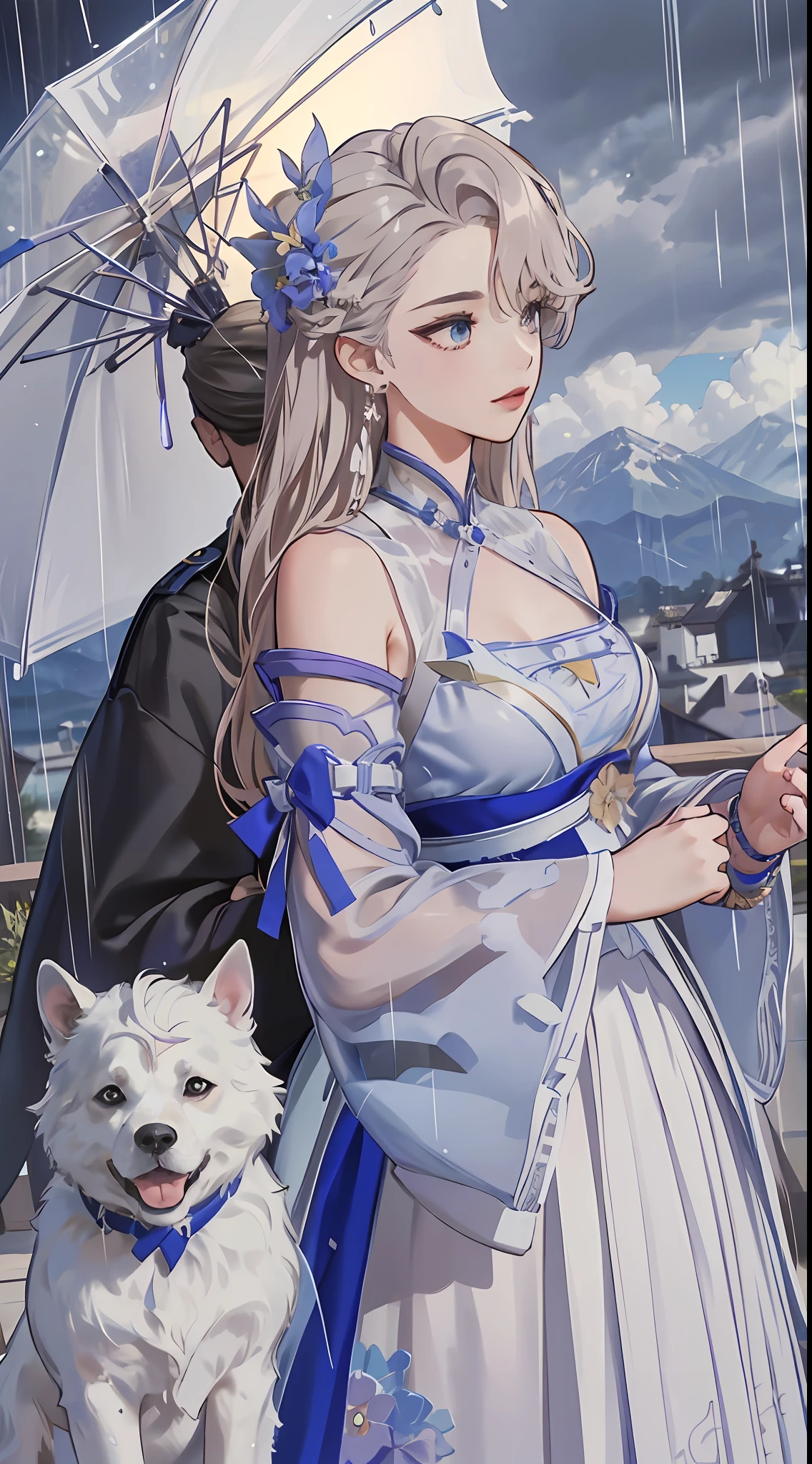 The characters in the picture are consistent,(Wearing gorgeous tulle Hanfu,High neck cardigan,High-shoulder lining)Number of men and women(two guys),(Man holding a dog),(Men separate bangs),Gray eyeballs,texture detail,Glowing skin,suns,light wind,High in the mountains,Surrounded by rain and fog,looks into camera,8K,super detailing,tmasterpiece,best qualtiy
