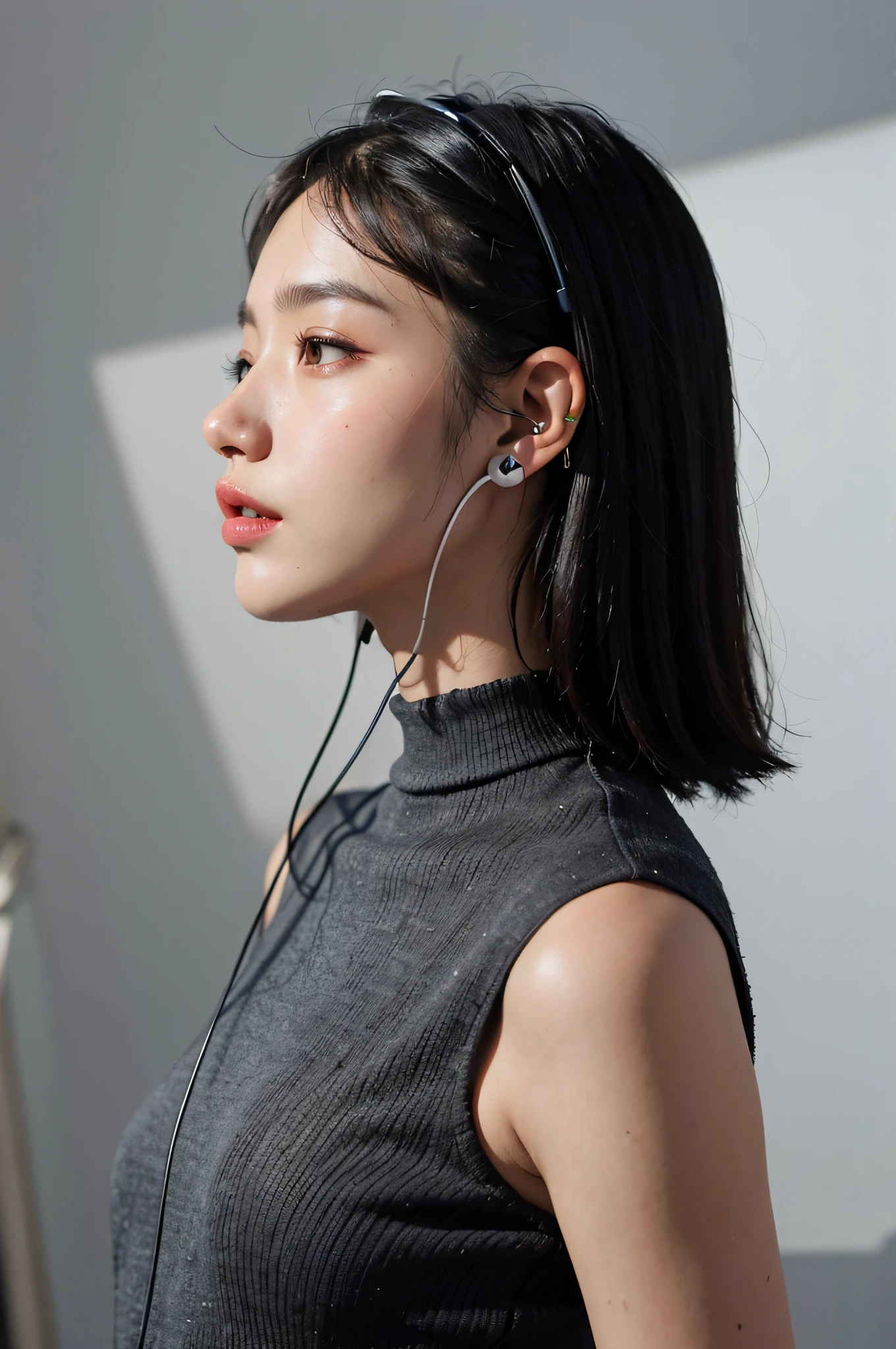 Allard woman wearing headphones and gray blouse, sleek metal ears, Earphone, wearing modern headphone, with headphone, korean artist, Wearing black headphones, Choi Hyun-hwa, portrait of female korean idol, Wearing headphones, with headphone, sharp metal ears, inspired by jeonseok lee, glossy from rain, metal ears, Earphone, with short hair, Shin Jinying