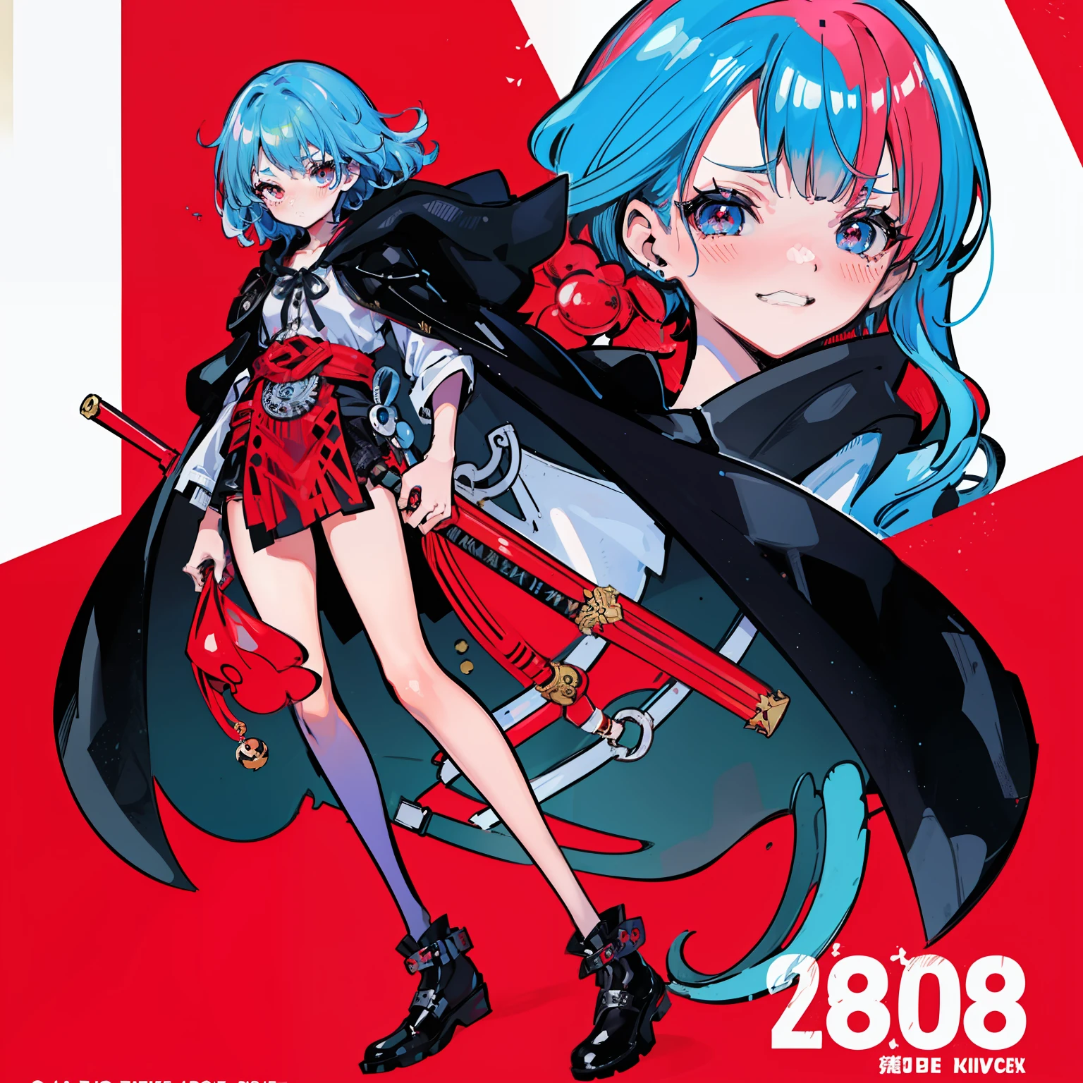 masutepiece, Fine detail, 4K, 8K, 12K, Solo, 1 person, Beautiful Girl, caucasian female, One-piece style image, Light blue hair, Red Eyes, Short hair, 15 years old, Short stature, deadpan、red blush、black robes, Black hood, upper bod