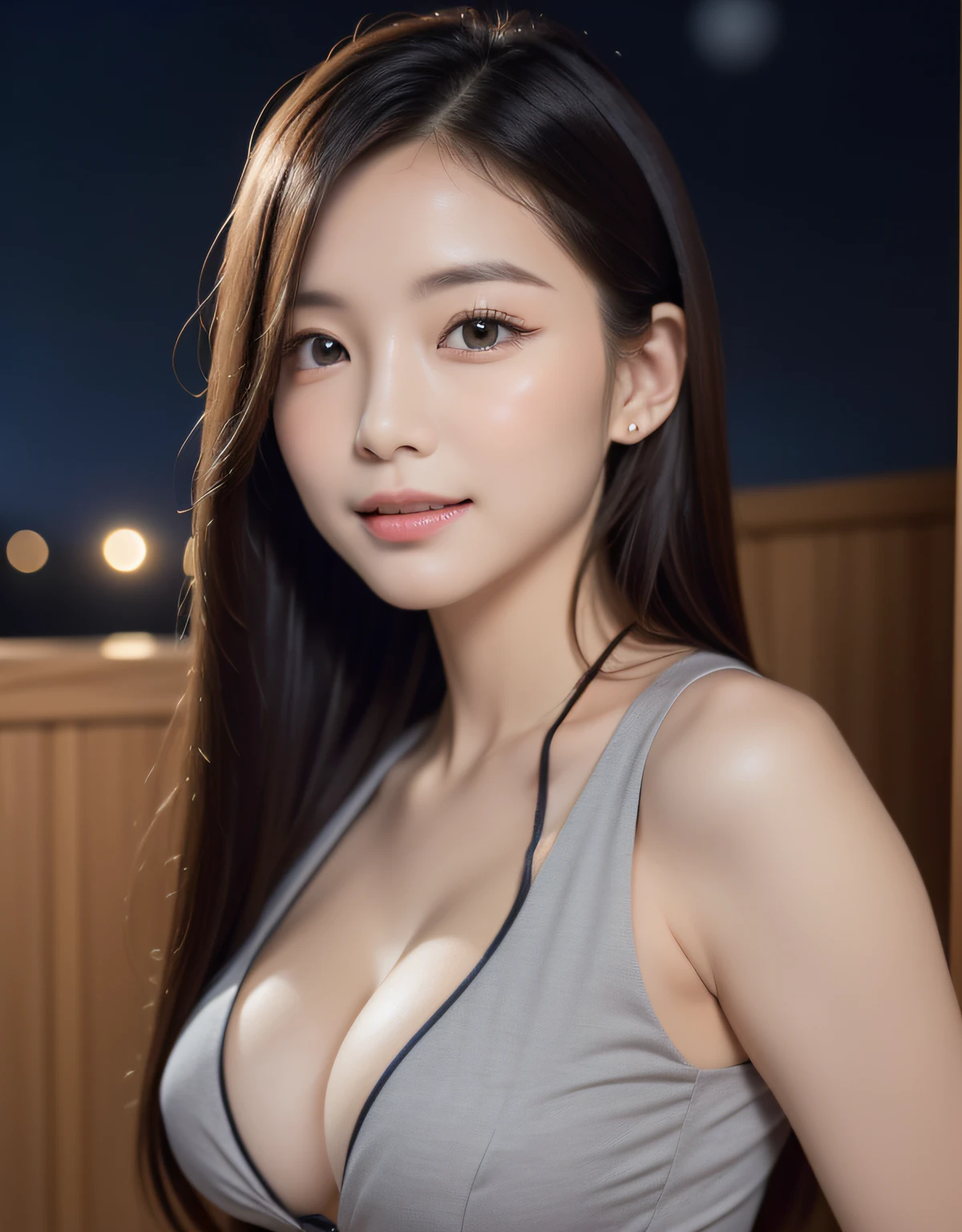 (((Night situation:1.5))), photorealistic, (8k, RAW photo, best quality, masterpiece:1.2), High detail RAW color photo, professional photograph, cowboy shot, (realistic, photo realistic:1.37), cinematic light, (finery detailed face:1.2), white skin, real human skin, (detailed face), oval face, pores, ultra high res, BREAK, thigh 1girl, (((look back:1.2), (thrust out one's hip:1.2))), very cute, very beautiful, photo realistic, Beauty cabin attendant, 38-48 years old, curby:1.15, (medium-breast:1.37, cleavage:1.37), (looking straight at viewer with a serene and goddess-like happiness:1.2), (beautiful thin hair, brown hair), (lifter gloss, eyelashes, gloss-face, best quality, ultra highres, Broad lighting, natural shading), BREAK, (seductive look, (detailed cabin attendant Uniform:1.3, white-grey stylish uniform:1.3)), BREAK, ((shy, light smile:1.3, happy;1.3, closed mouth:1.3, blush, in heat, presenting)), BREAK, ((Night airport rouge view:1.5, night, star, starry, moody lighting:1.5, cinematic light)), ((squatting:1.3, sexy random posing:1.3, from side:1.3)), blurry background, bokeh, depth of field, (cowboy shot:1.3), centered image, perfect anatomy, perfect proportion,
