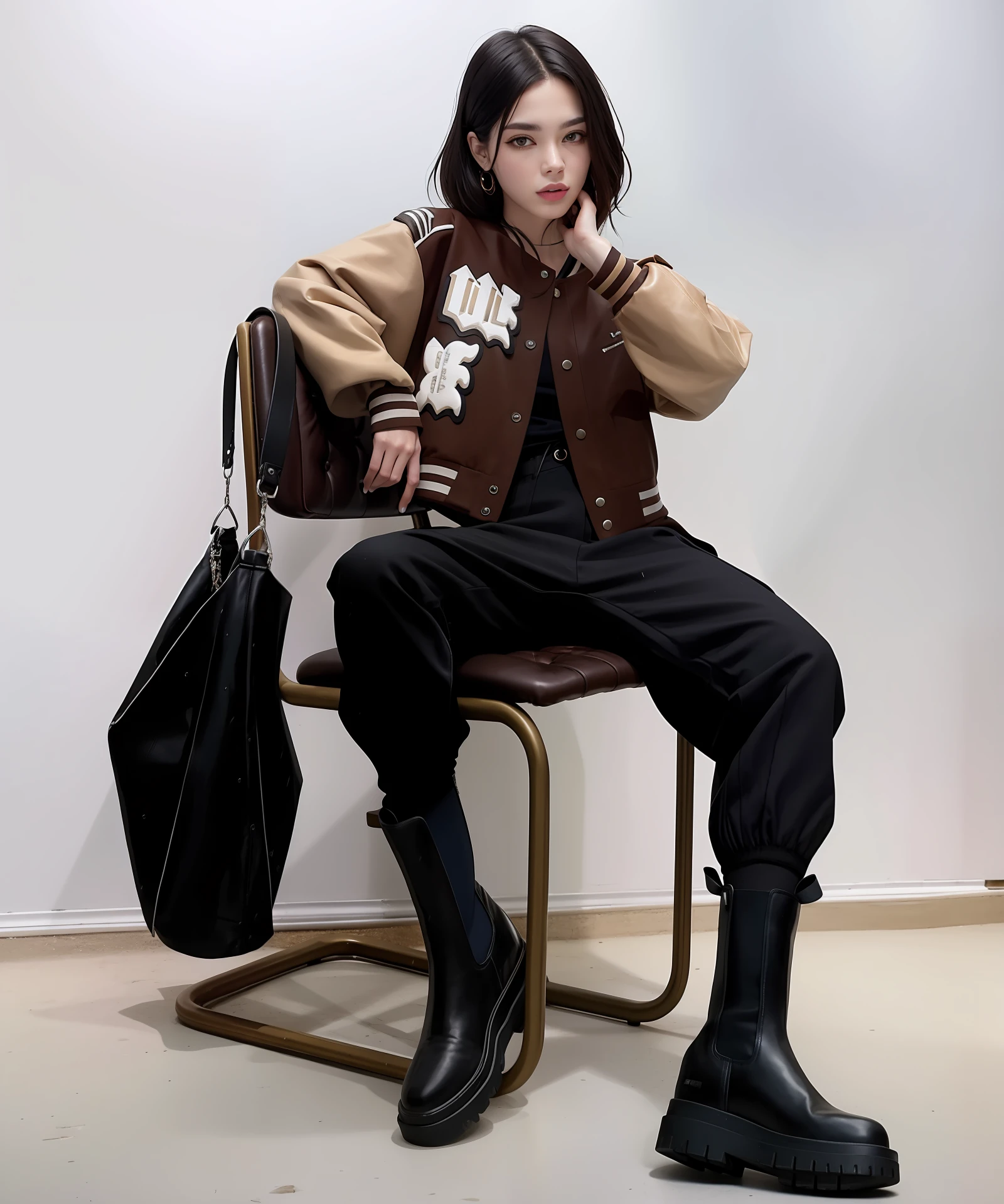 There was a woman sitting in a chair talking on the phone, very aesthetic leather jacket, wearing a fisher 🧥, fear of god style, heavy boots, trending on r/Street attire, leather clothing and boots, She is seen wearing streetwear pieces, ssense, off - white style, wearing a full leather outfit, wearing a camisole and boots, wearing cyberpunk streetwear