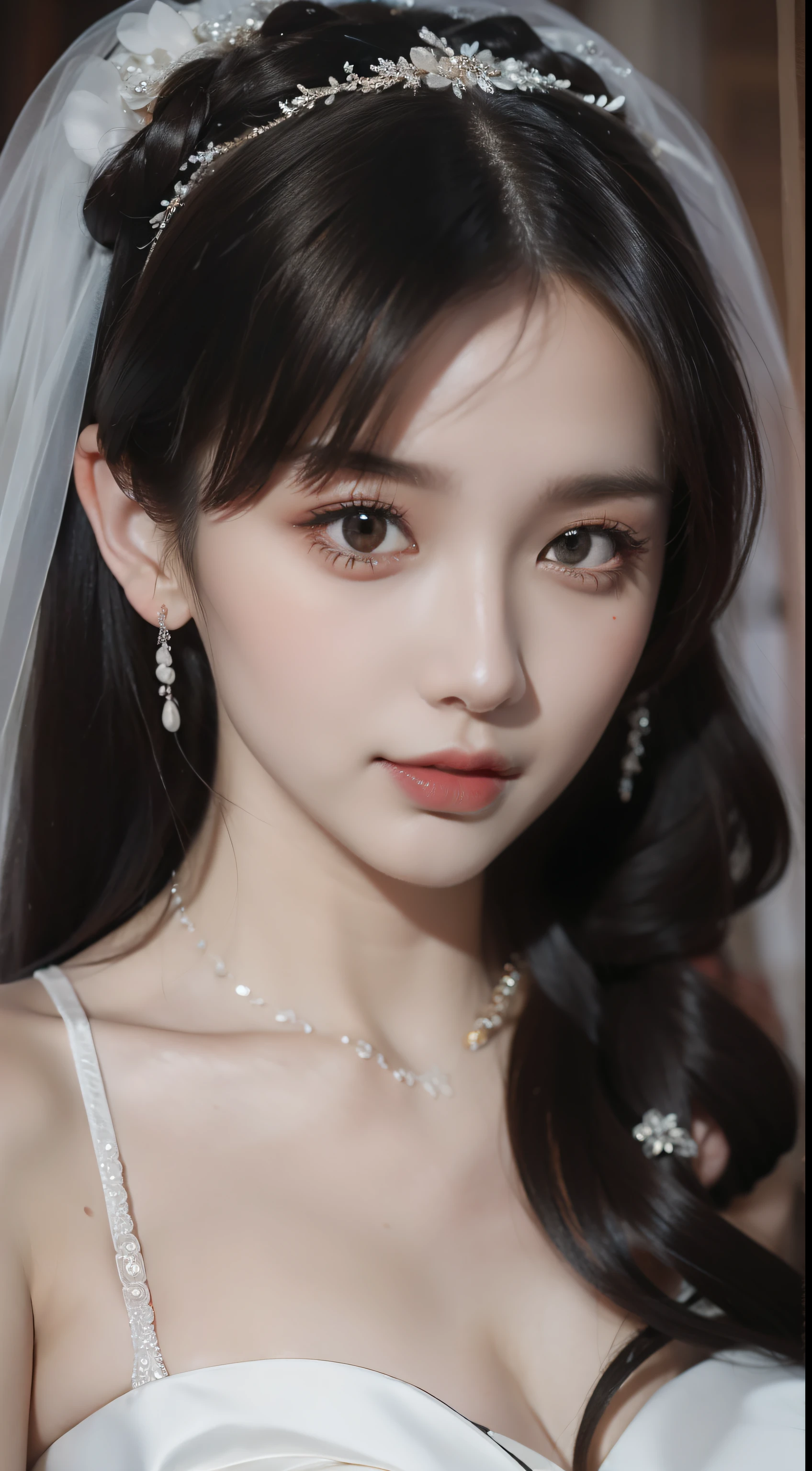 Beautiful bride, red wedding dress, delicate facial features close-up, shy, waiting to be married, fat body, full body photo, gentle eyes, no eye bags, light makeup