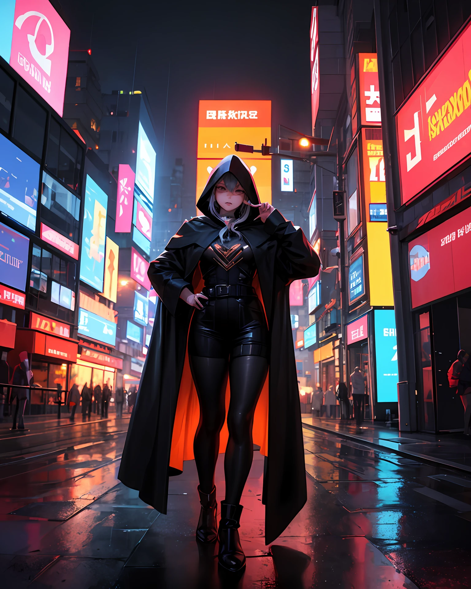 (hyper realisitc:1.3),(particulate:0.8),natural lightting,Cidade futuristica,(rained:1.3),(covert:1.3),(mist:1.2),red lights,orange lights,Blue lights and girls,Big chest,long whitr hair,Cloak with hood,Light sign,Cyberpunk costumes,red lights,orange lights,(Electric Colors:0.7)