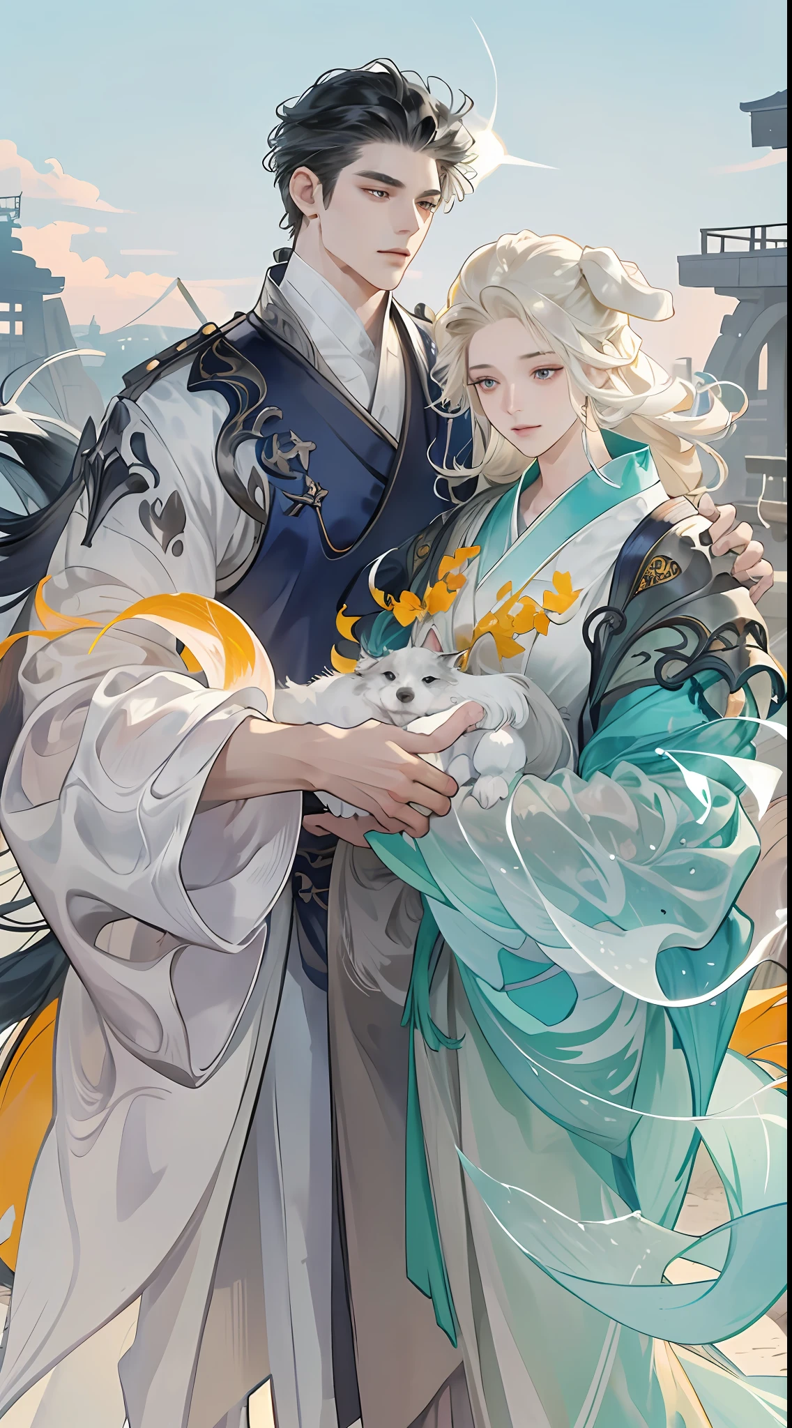 Men and women in light gauze Han clothes（two guys)，（Man holding a dog)，horse tailed，Gray eyeballs，texture detail，Glowing skin，suns，Wind surrounds，Motion blur background，looks into camera，ink wash style，8k，super detailing，tmasterpiece，best qualtiy